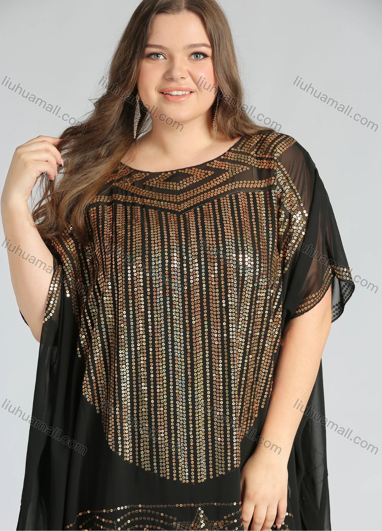 Wholesale Women's Glamorous Arabic Dubai Sequin Glitter Translucent Muslim Islamic Cover Up Maxi Dress - Liuhuamall