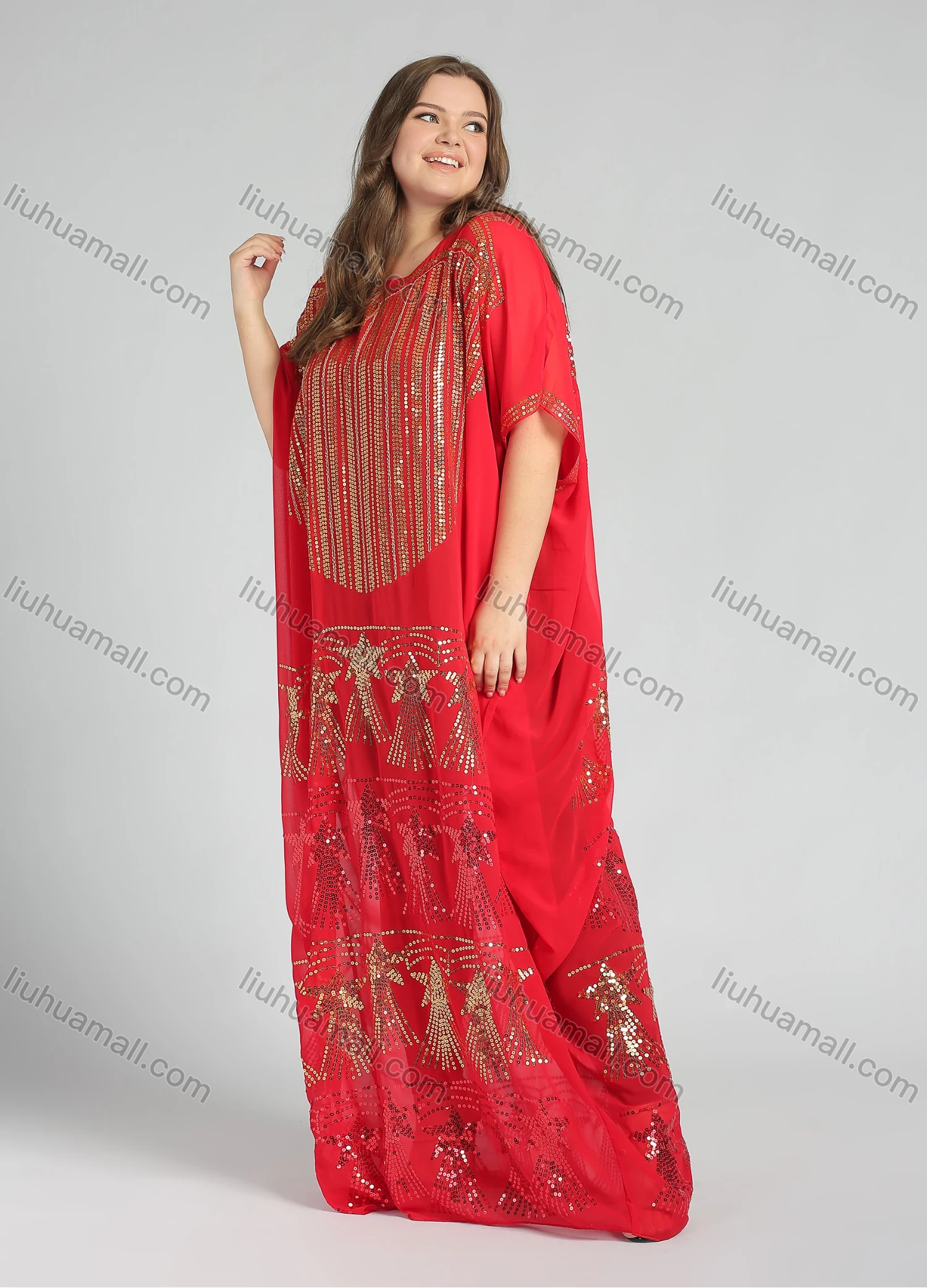 Wholesale Women's Glamorous Arabic Dubai Sequin Glitter Translucent Muslim Islamic Cover Up Maxi Dress - Liuhuamall