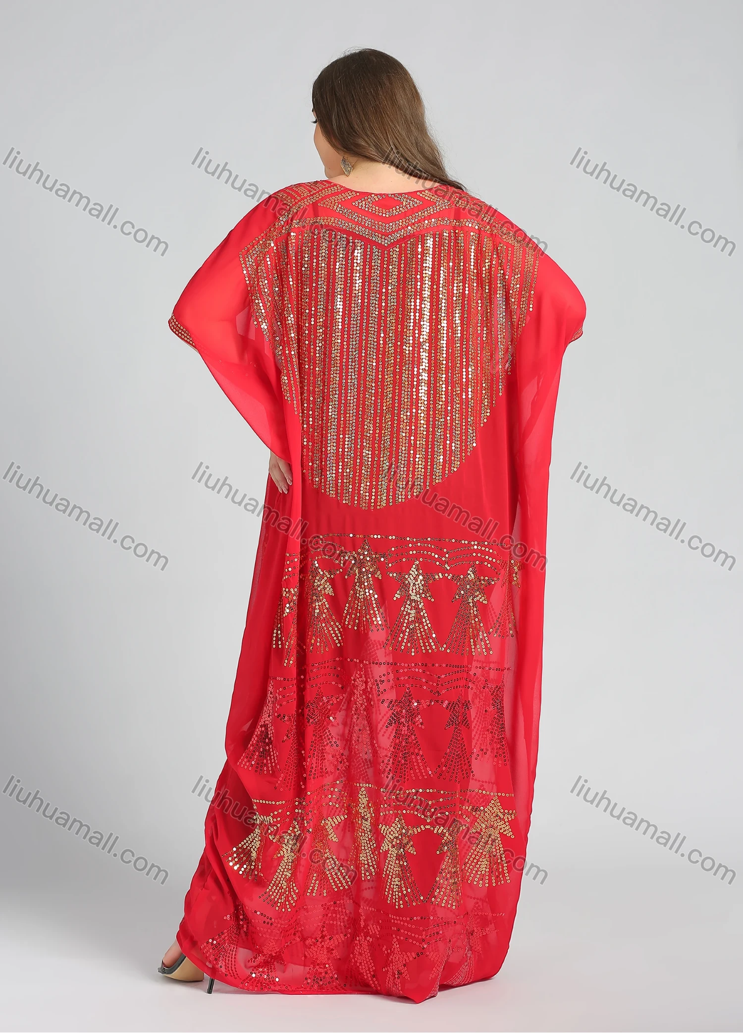 Wholesale Women's Glamorous Arabic Dubai Sequin Glitter Translucent Muslim Islamic Cover Up Maxi Dress - Liuhuamall