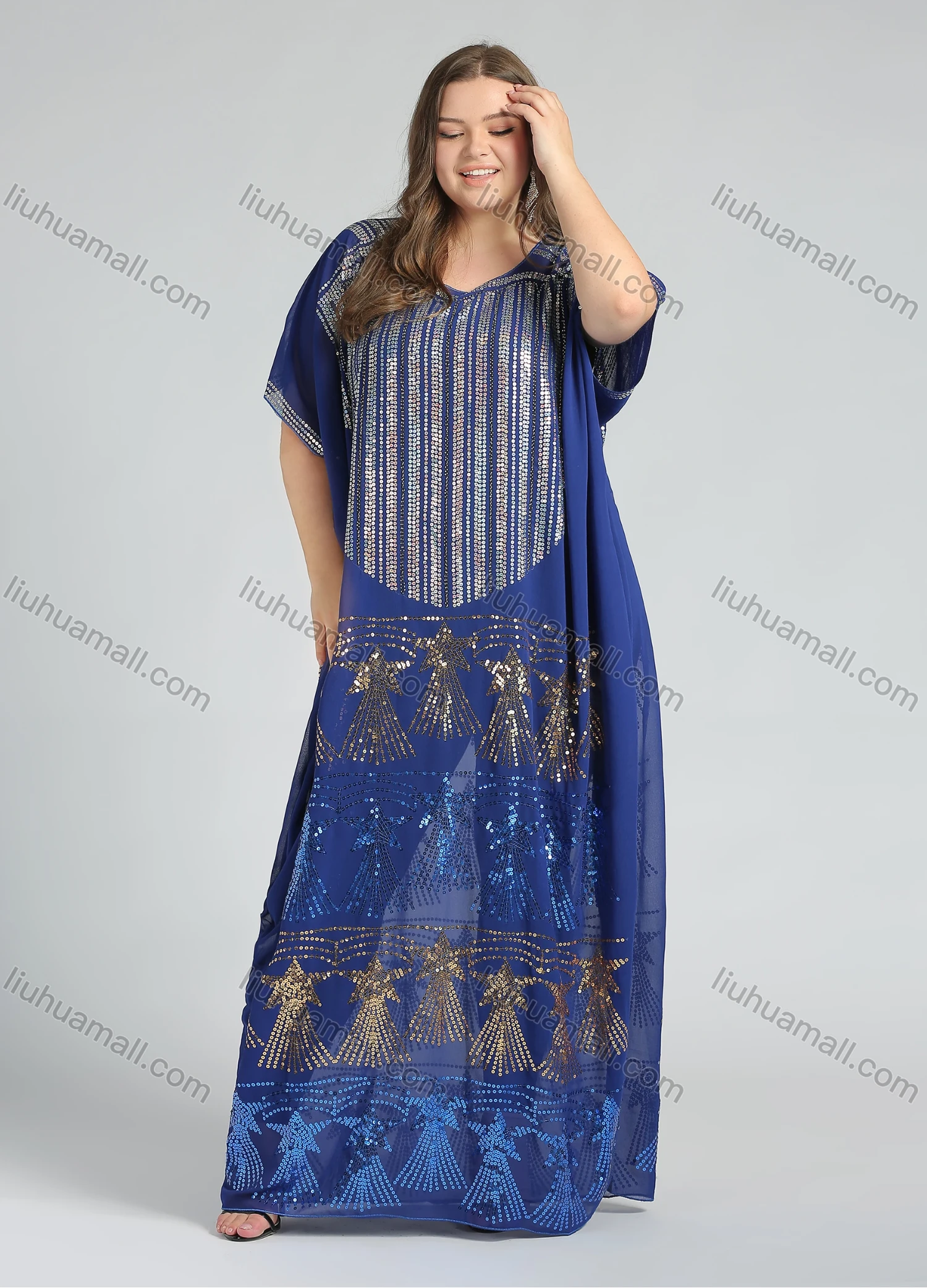 Wholesale Women's Glamorous Arabic Dubai Sequin Glitter Translucent Muslim Islamic Cover Up Maxi Dress - Liuhuamall