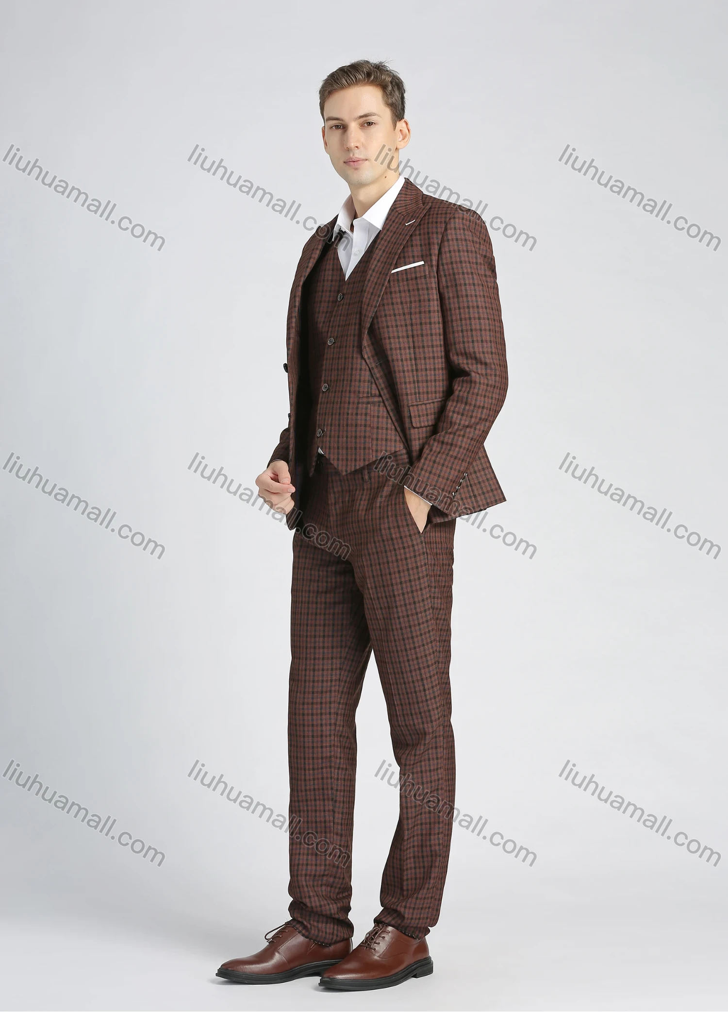 Wholesale Men's Formal Lapel Slim Fit Plaid Print Pockets Single Breasted Waistcoat & Suit Jacket 3 Piece Suit Set - Liuhuamall