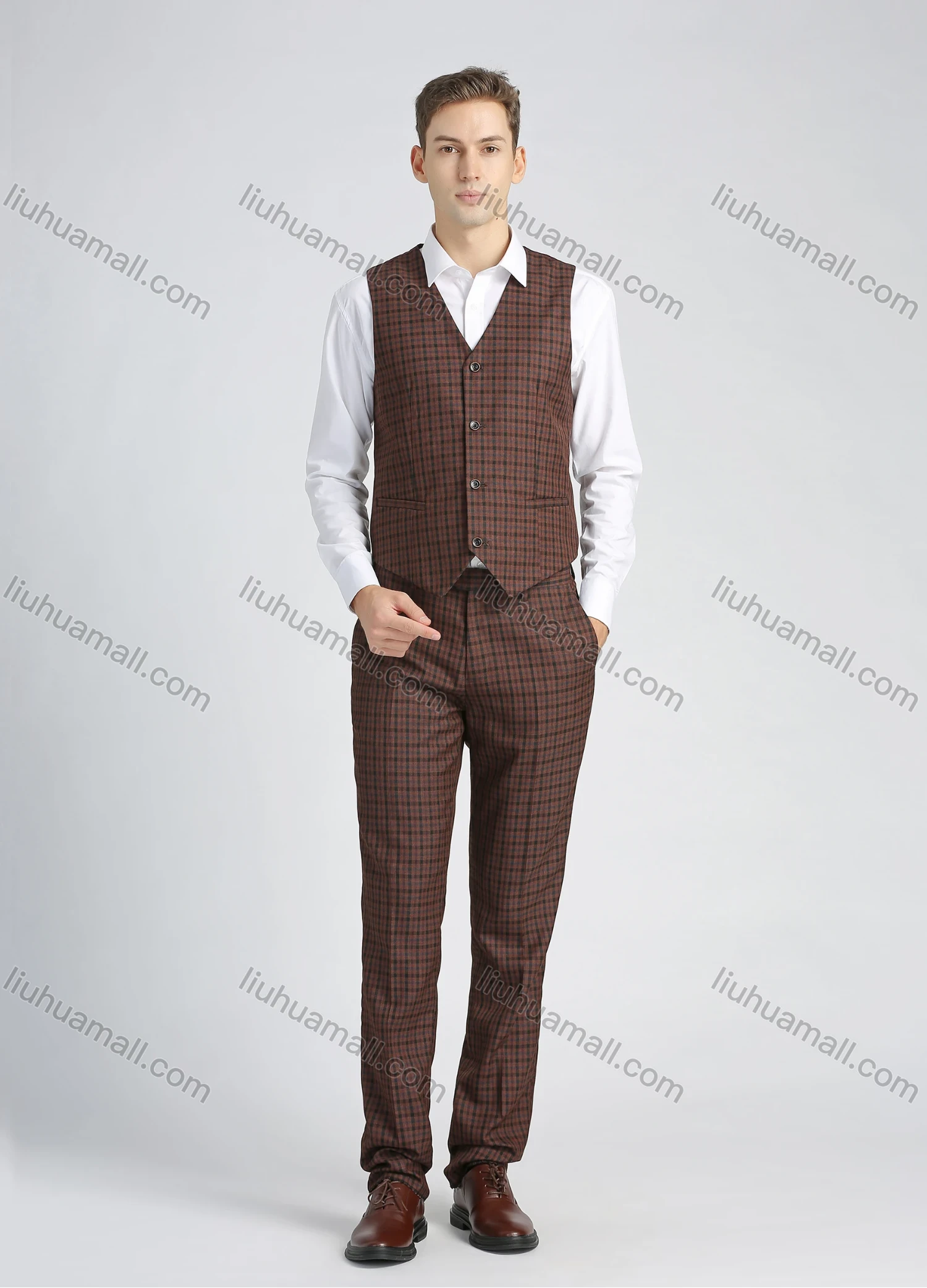 Wholesale Men's Formal Lapel Slim Fit Plaid Print Pockets Single Breasted Waistcoat & Suit Jacket 3 Piece Suit Set - Liuhuamall