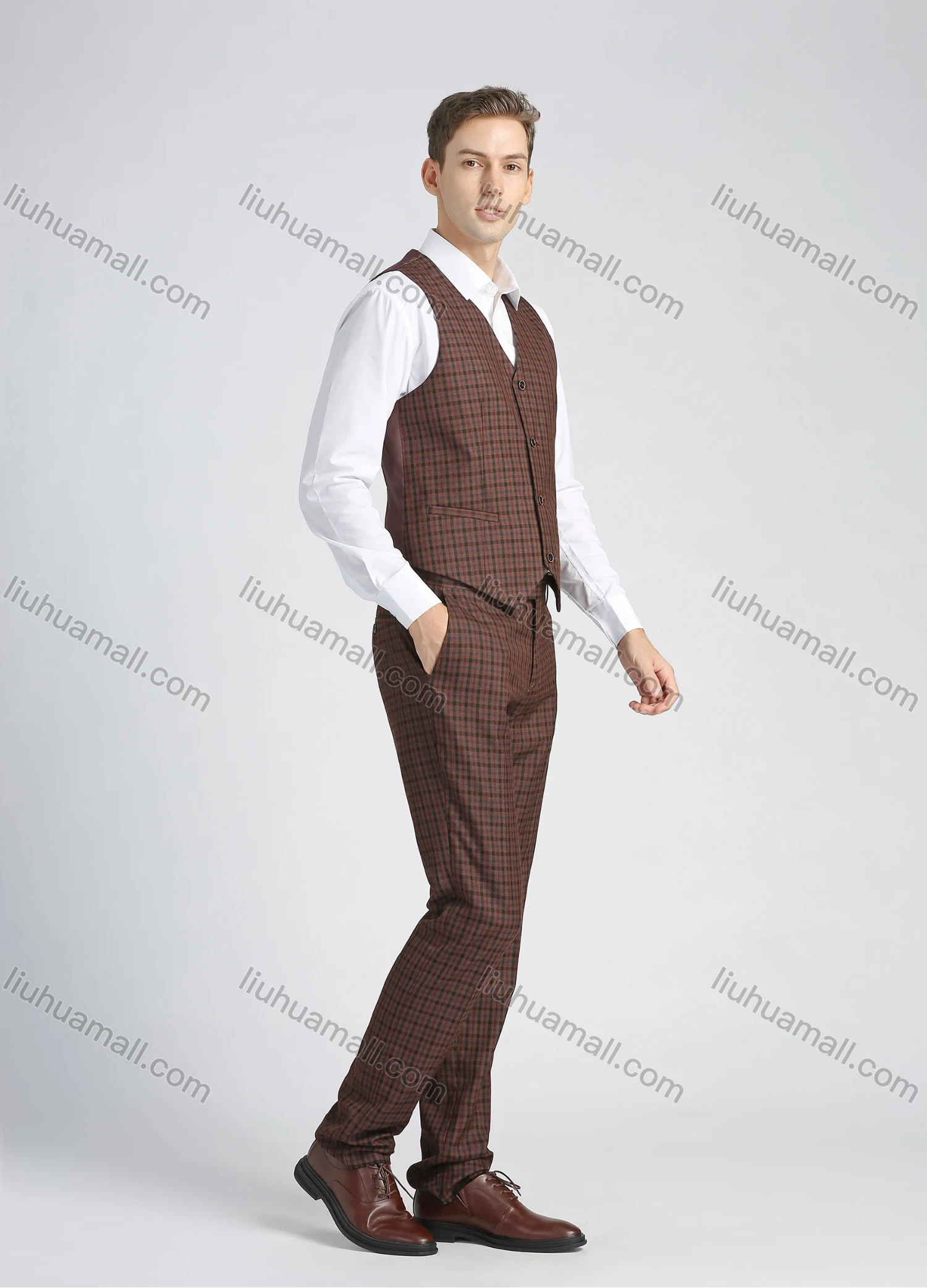 Wholesale Men's Formal Lapel Slim Fit Plaid Print Pockets Single Breasted Waistcoat & Suit Jacket 3 Piece Suit Set - Liuhuamall