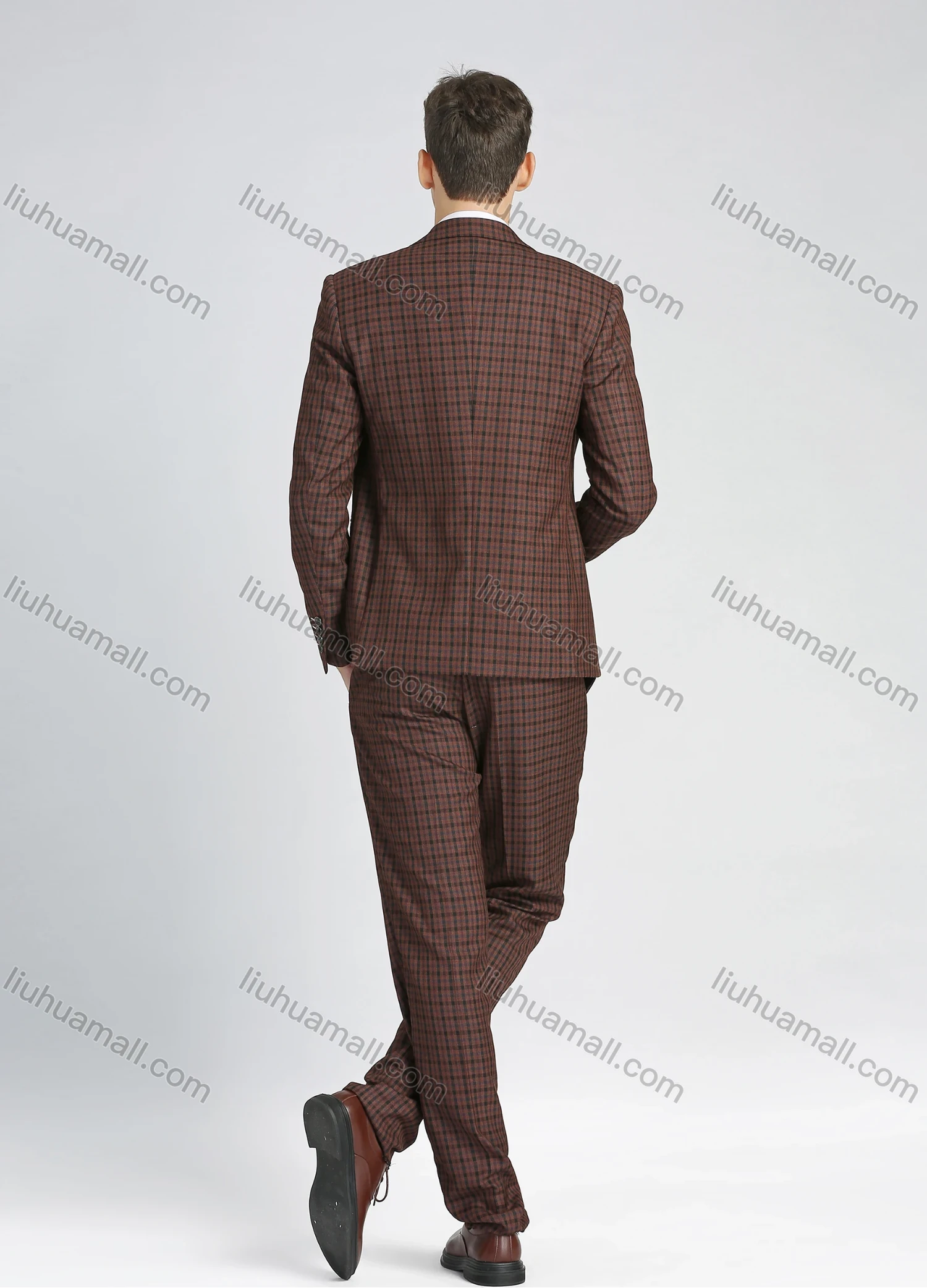 Wholesale Men's Formal Lapel Slim Fit Plaid Print Pockets Single Breasted Waistcoat & Suit Jacket 3 Piece Suit Set - Liuhuamall