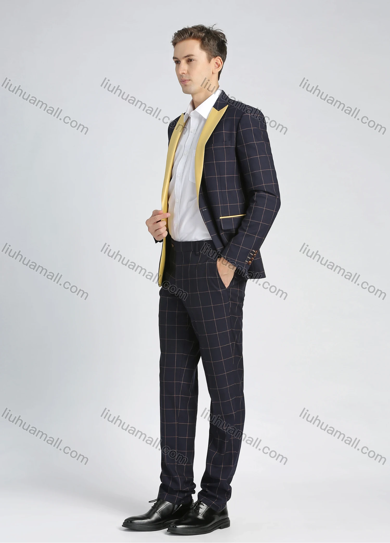 Wholesale Men's Formal Slim Fit Lapel Contrast Plaid Print Pockets Single Breasted Blazer & Trousers 2 Piece Sets - Liuhuamall