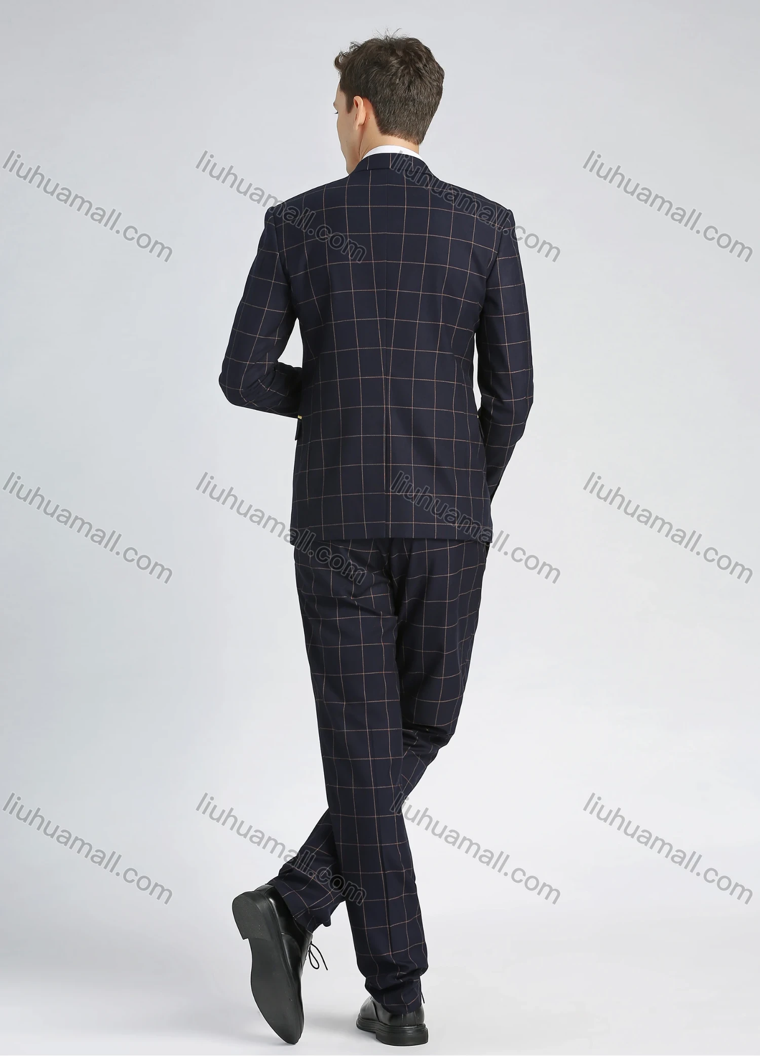 Wholesale Men's Formal Slim Fit Lapel Contrast Plaid Print Pockets Single Breasted Blazer & Trousers 2 Piece Sets - Liuhuamall