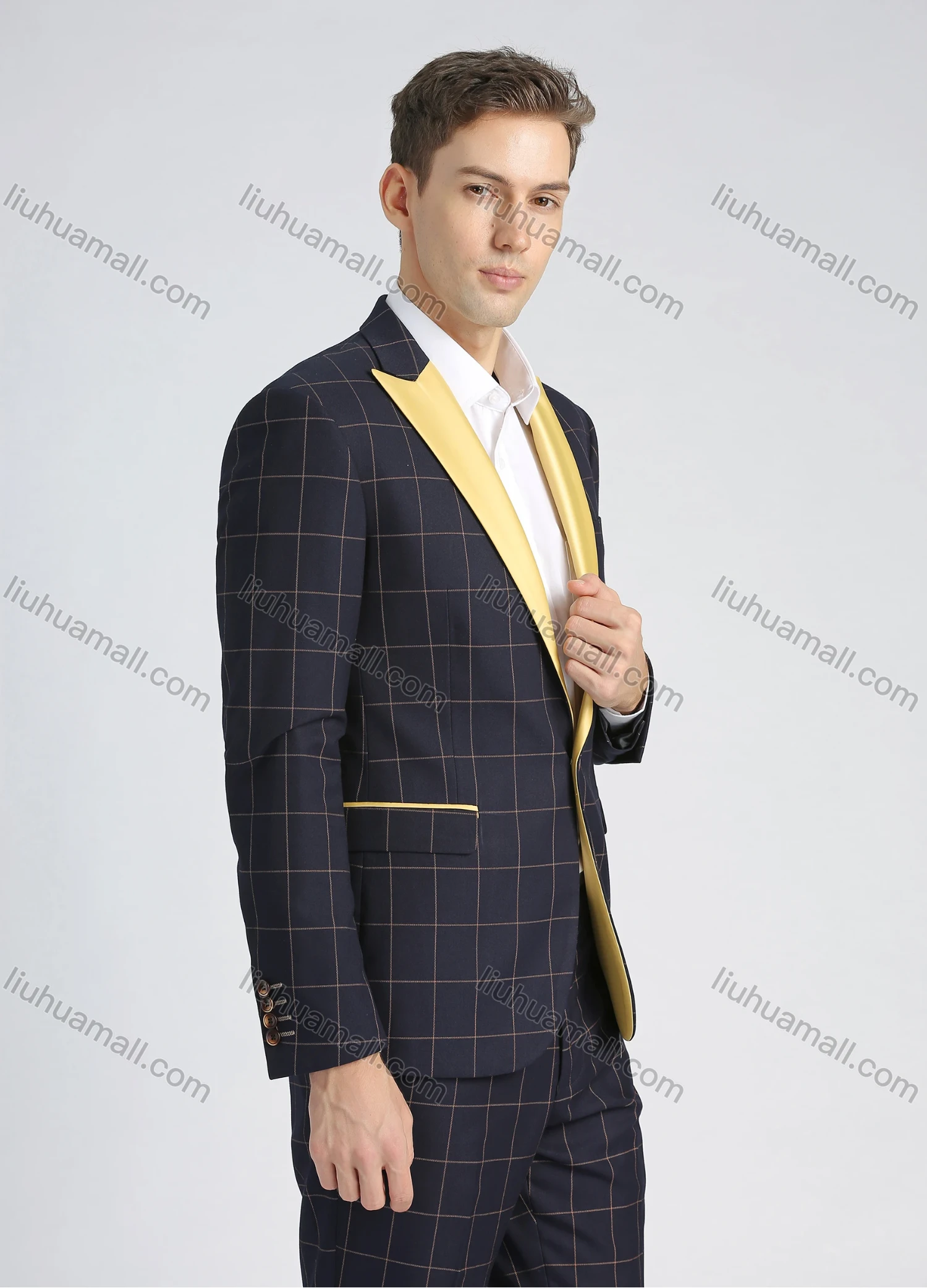 Wholesale Men's Formal Slim Fit Lapel Contrast Plaid Print Pockets Single Breasted Blazer & Trousers 2 Piece Sets - Liuhuamall