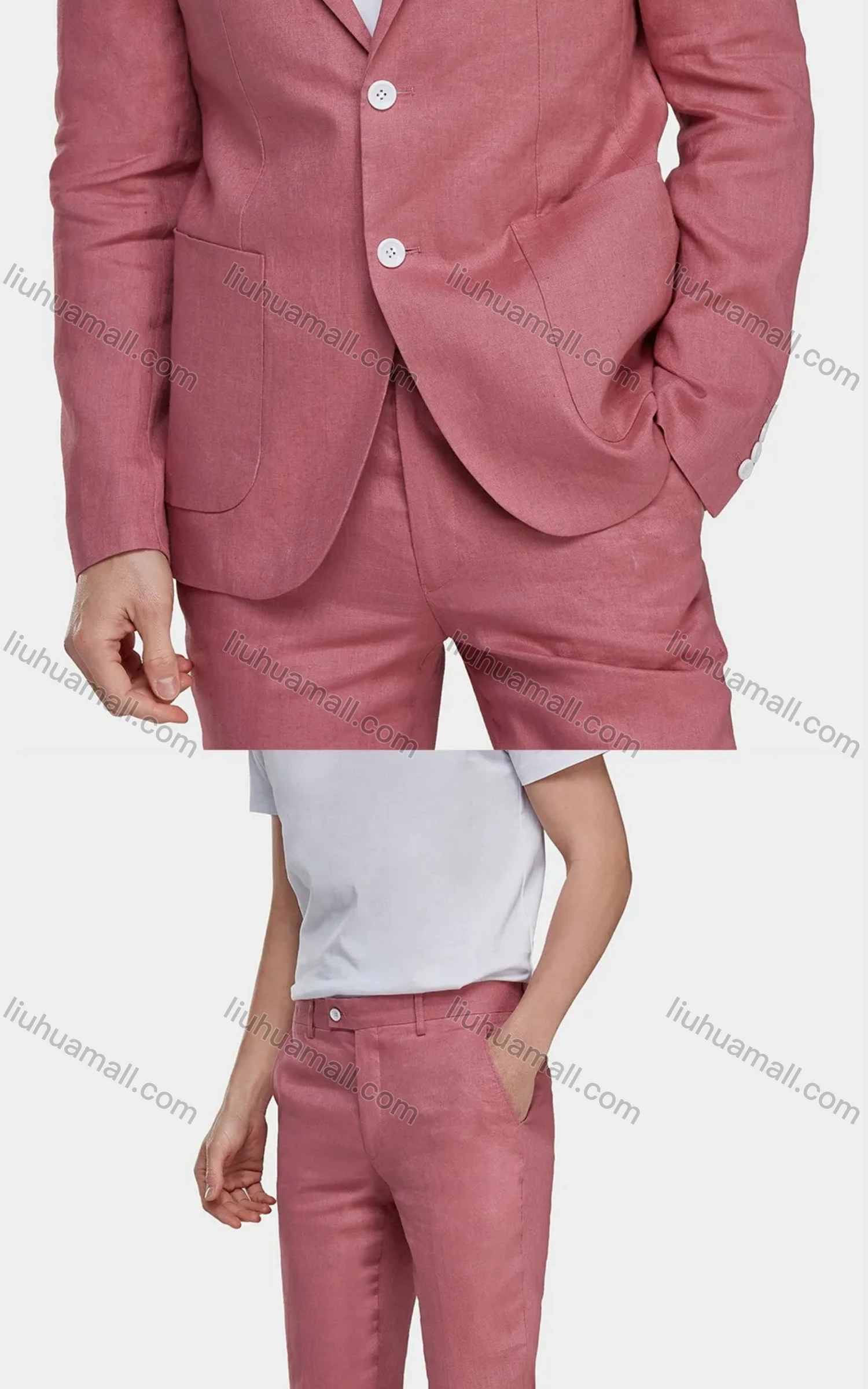 Wholesale Men's Linen Casual Slim Fit Lapel Plain Two Buttons Pocket 2 Pieces Suit Set - Liuhuamall