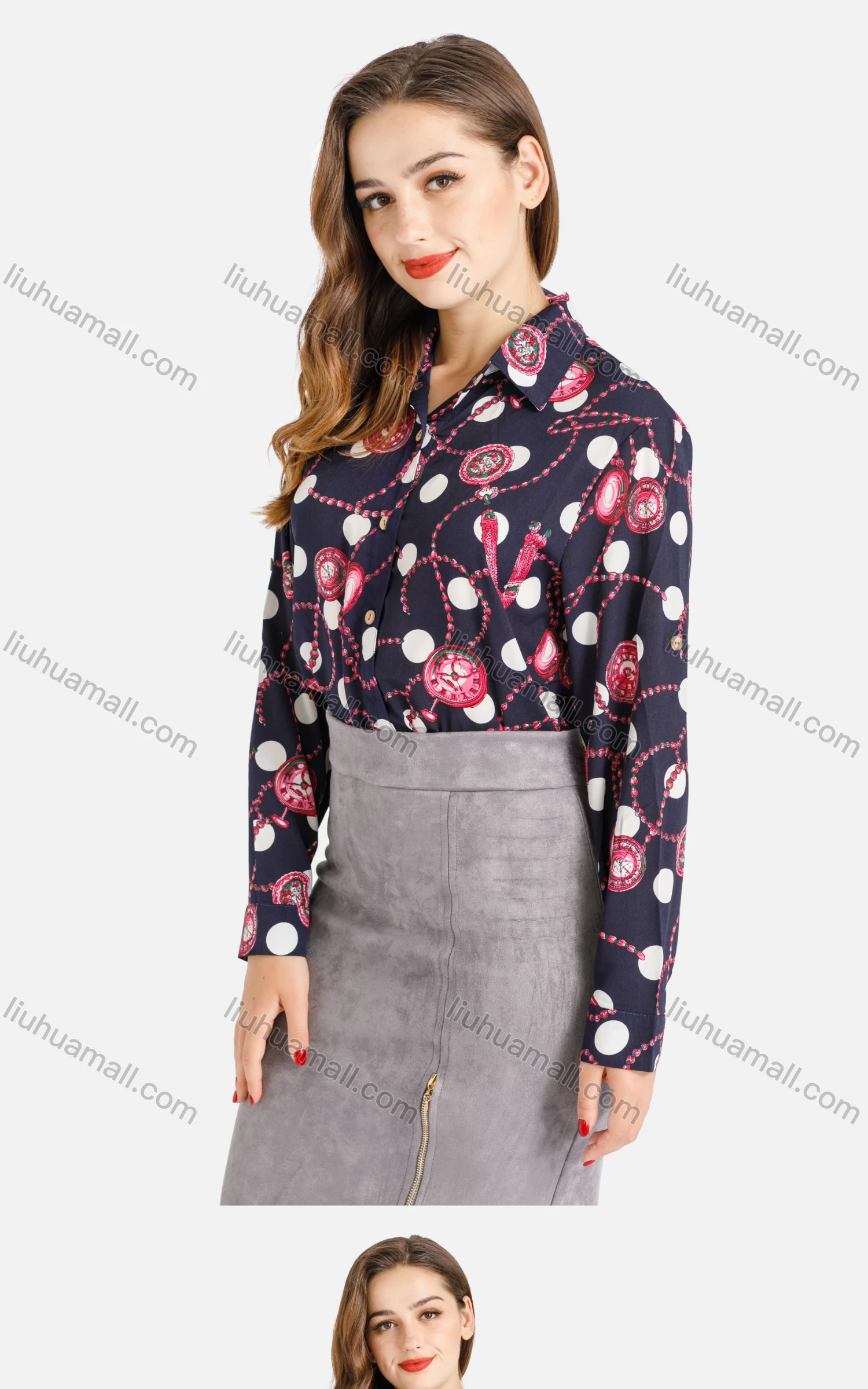 Wholesale Women's Stand Collar Baroque Polka Dot Print Shirt - Liuhuamall