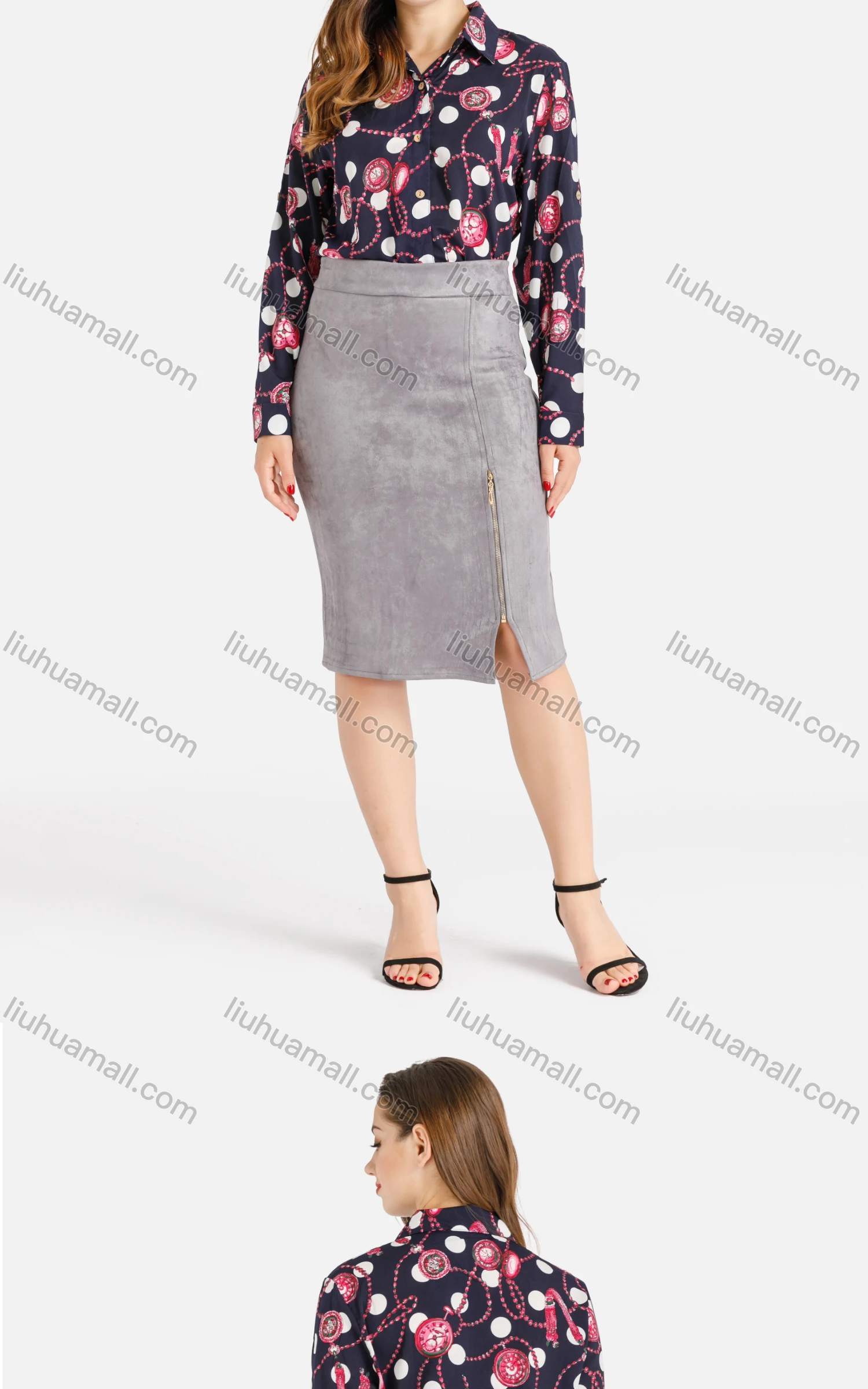 Wholesale Women's Stand Collar Baroque Polka Dot Print Shirt - Liuhuamall