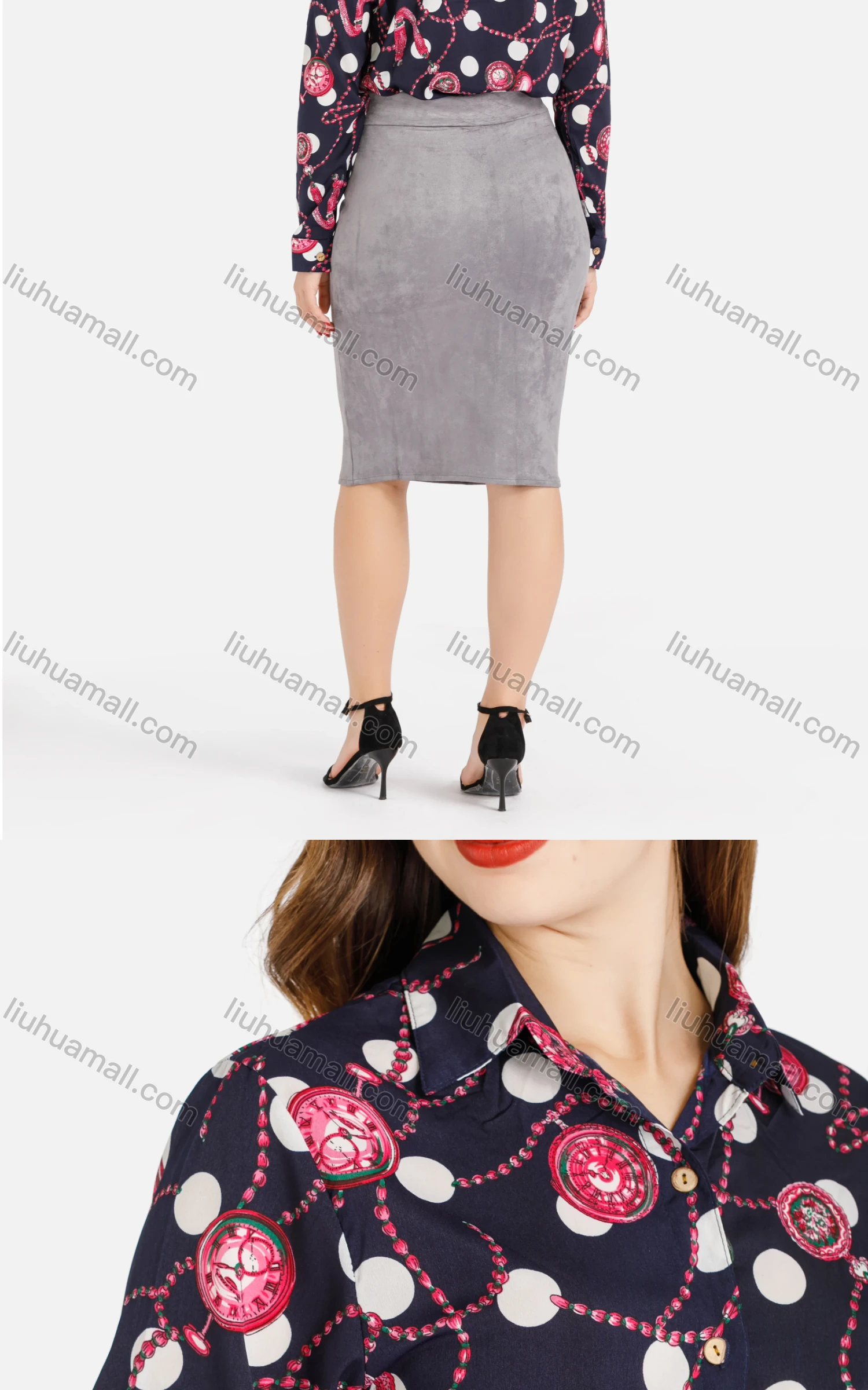 Wholesale Women's Stand Collar Baroque Polka Dot Print Shirt - Liuhuamall