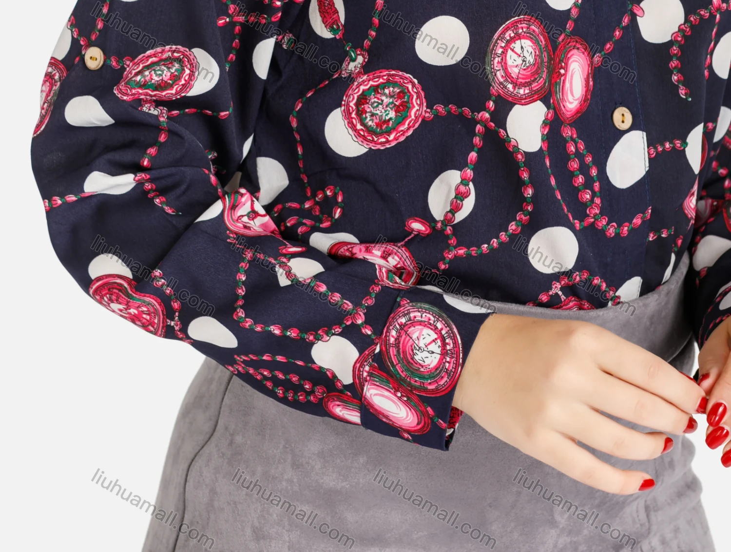 Wholesale Women's Stand Collar Baroque Polka Dot Print Shirt - Liuhuamall