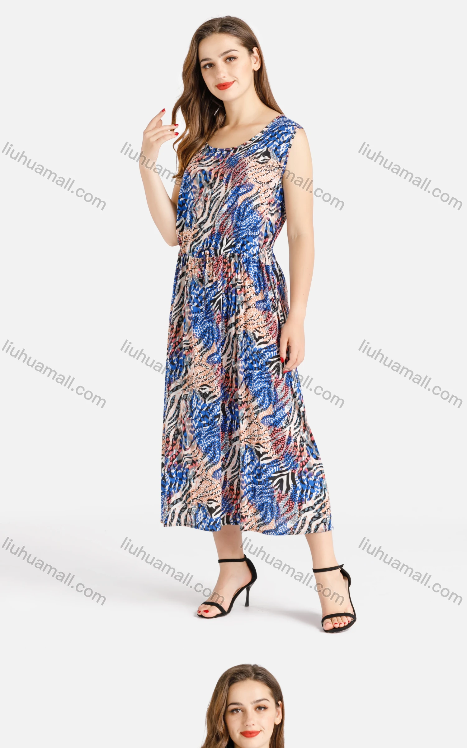 Wholesale Women's Casual Crew Neck Allover Print Sleeveless Maxi Dress - Liuhuamall