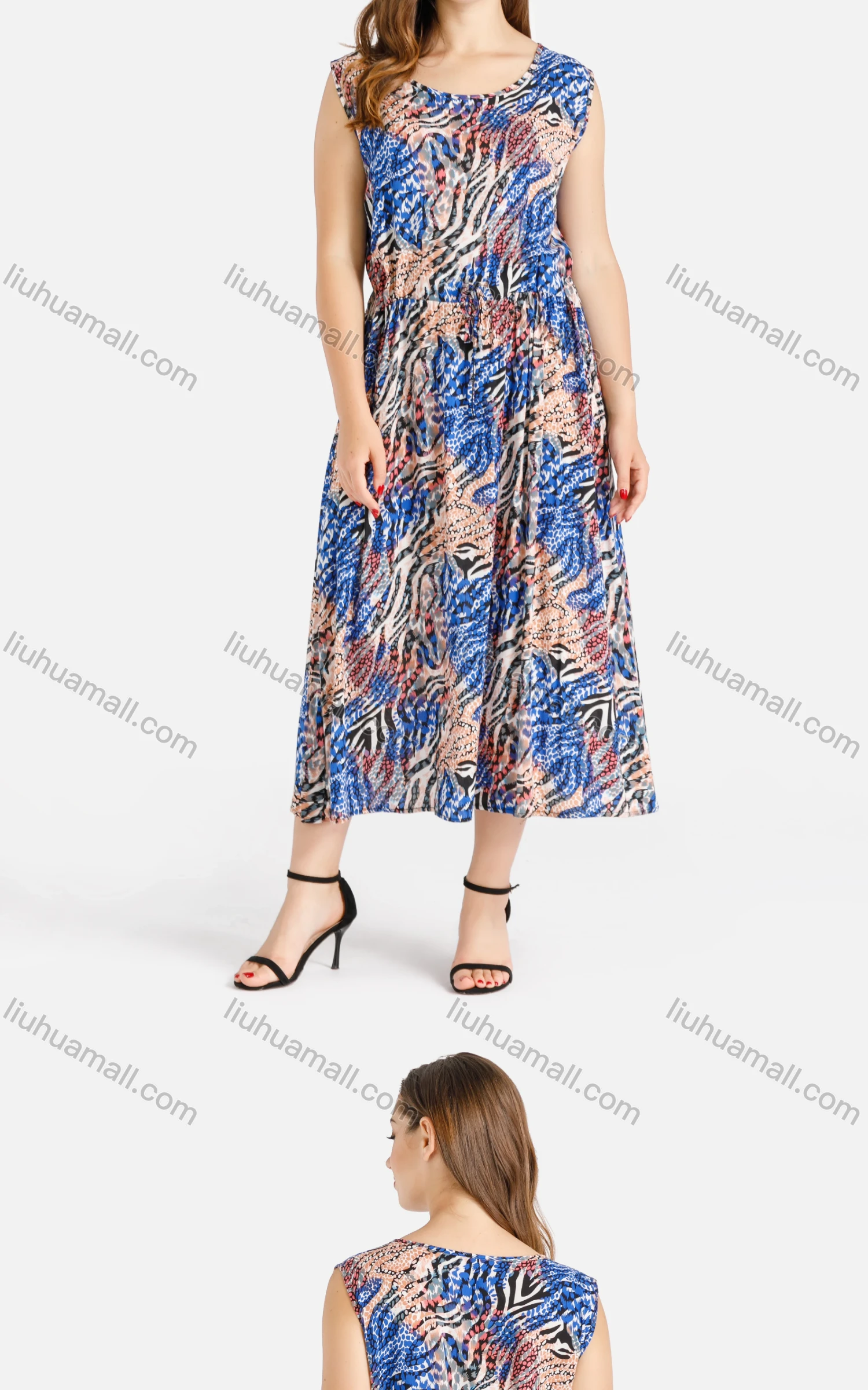 Wholesale Women's Casual Crew Neck Allover Print Sleeveless Maxi Dress - Liuhuamall