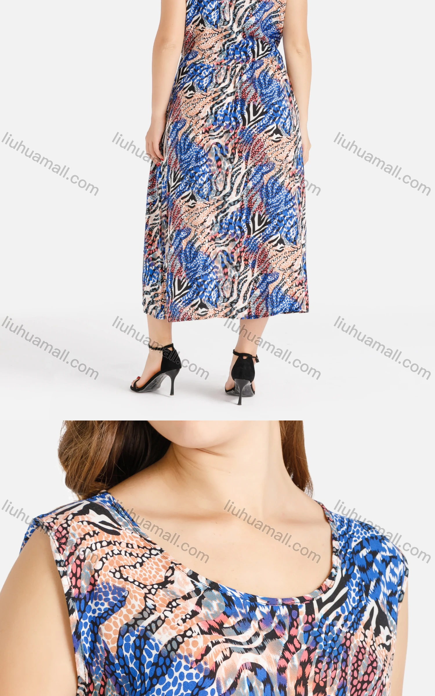 Wholesale Women's Casual Crew Neck Allover Print Sleeveless Maxi Dress - Liuhuamall