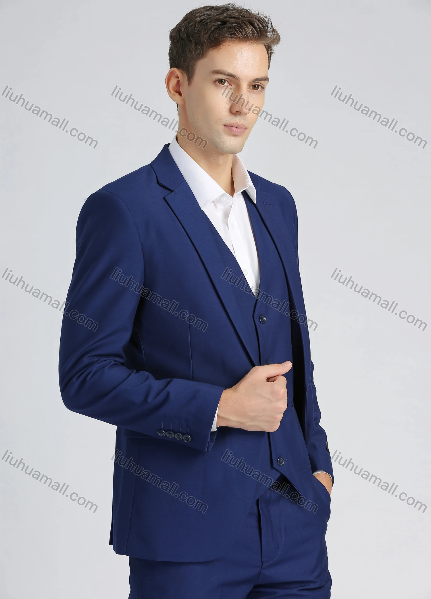Wholesale Men's Formal Slim Fit Plain Lapel One Button Flag Pockets Suit Jacket & Waistcoat 3-Piece Set - Liuhuamall
