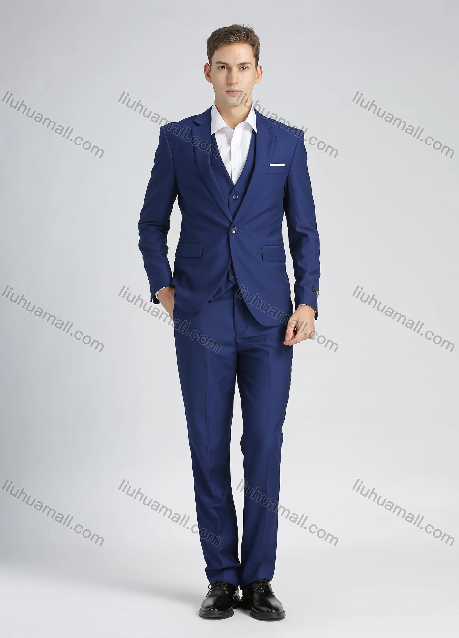 Wholesale Men's Formal Slim Fit Plain Lapel One Button Flag Pockets Suit Jacket & Waistcoat 3-Piece Set - Liuhuamall