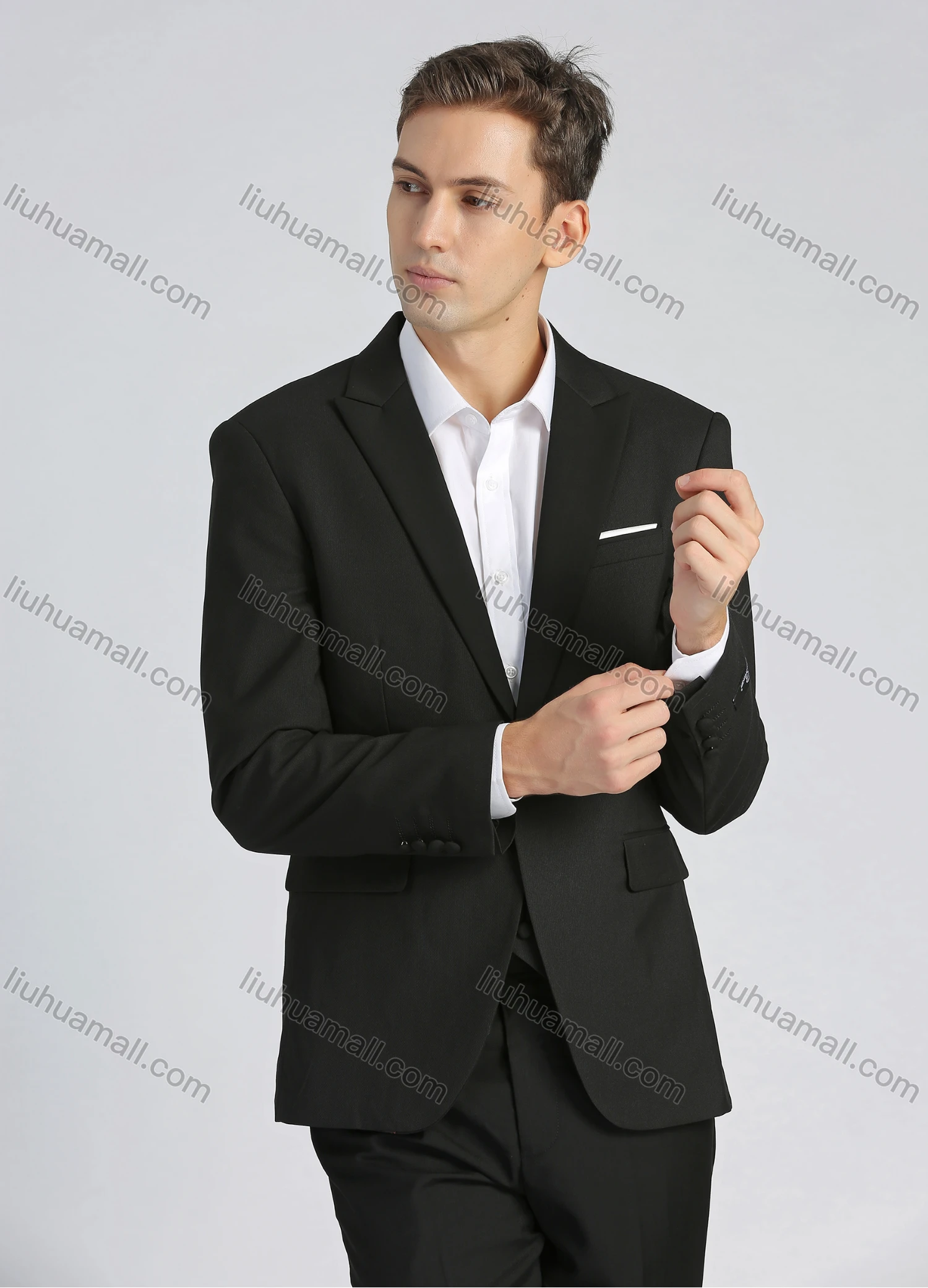 Wholesale Men's Formal Slim Fit Plain Lapel One Button Flag Pockets Business Suit Jacket & Waistcoat 3-Piece Set - Liuhuamall