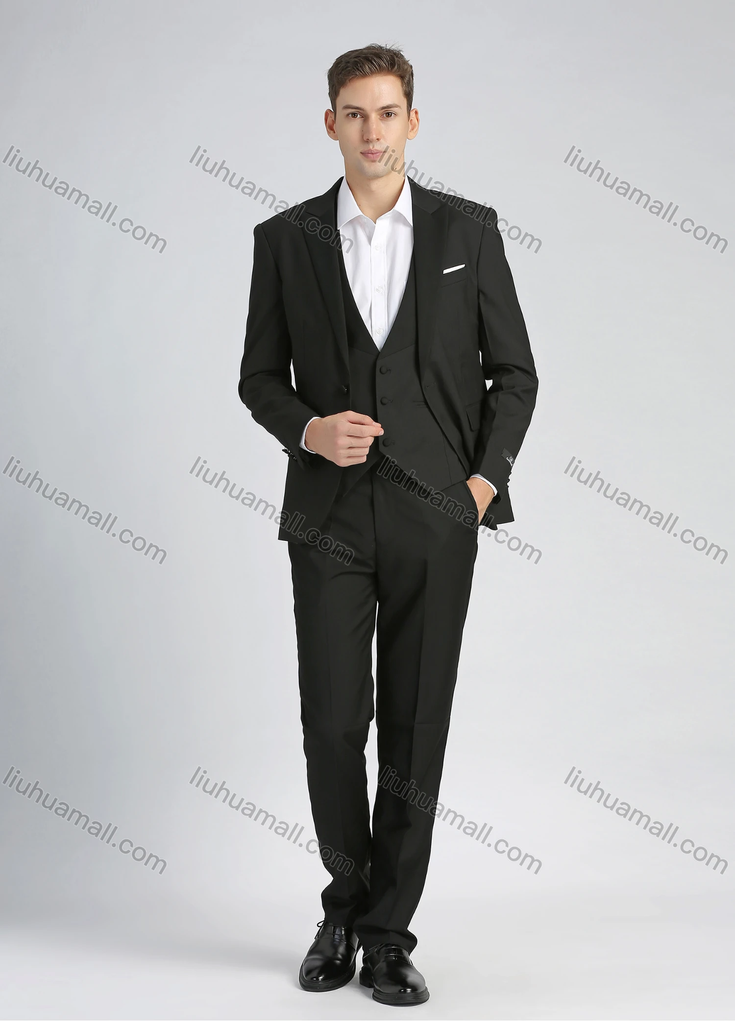 Wholesale Men's Formal Slim Fit Plain Lapel One Button Flag Pockets Business Suit Jacket & Waistcoat 3-Piece Set - Liuhuamall