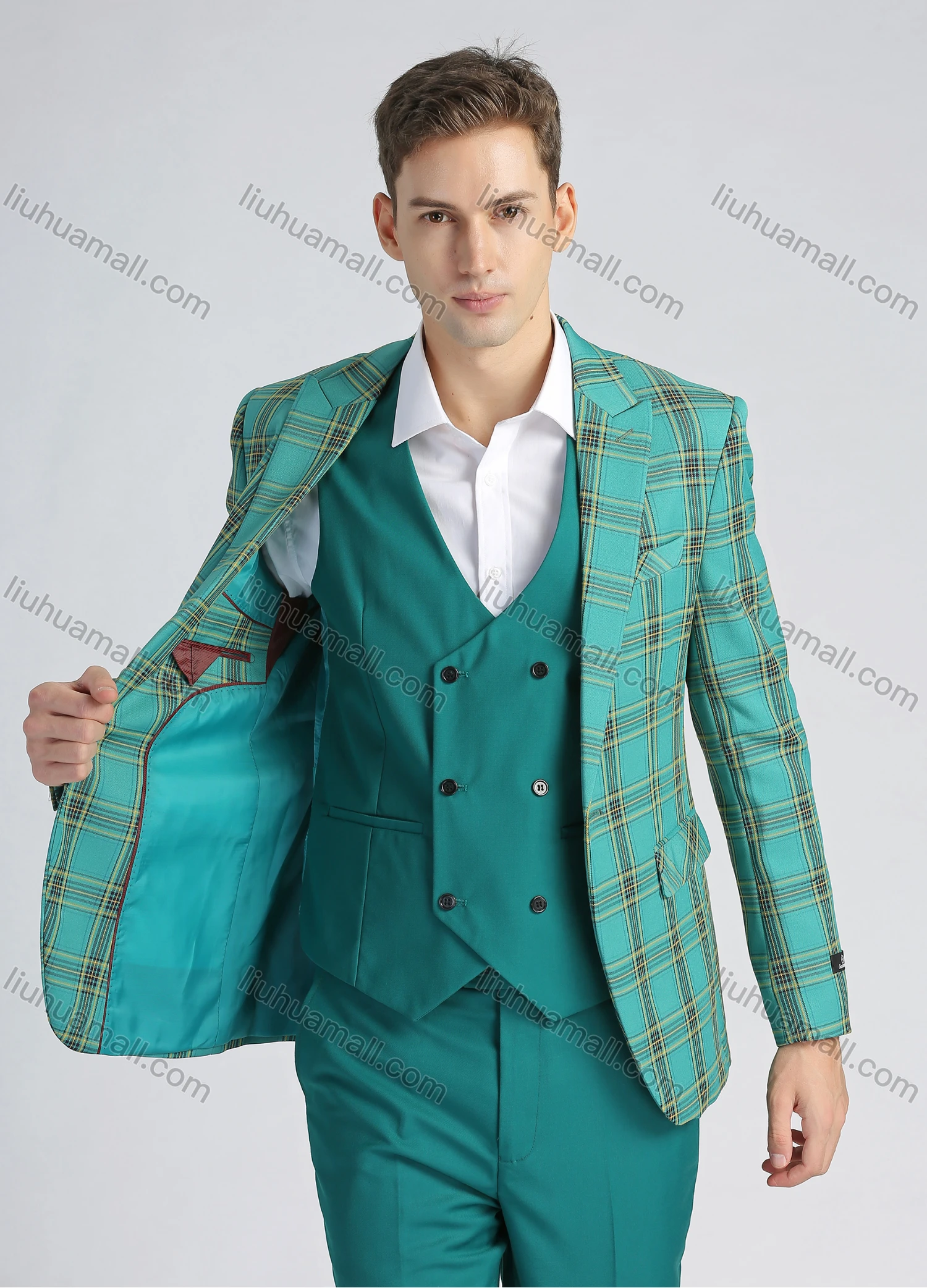 Wholesale Men's Formal Plaid Print Slim Fit Plain Lapel One Button Flag Pockets Suit Jacket & Waistcoat 3-Piece Set - Liuhuamall