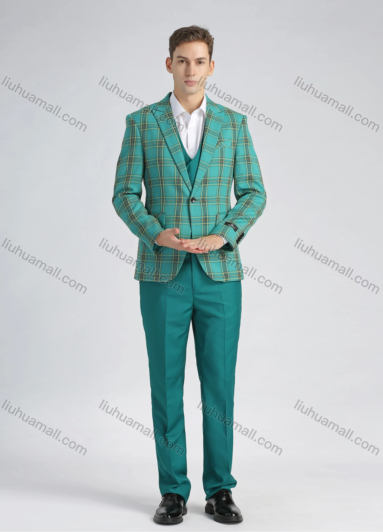 Wholesale Men's Formal Plaid Print Slim Fit Plain Lapel One Button Flag Pockets Suit Jacket & Waistcoat 3-Piece Set - Liuhuamall