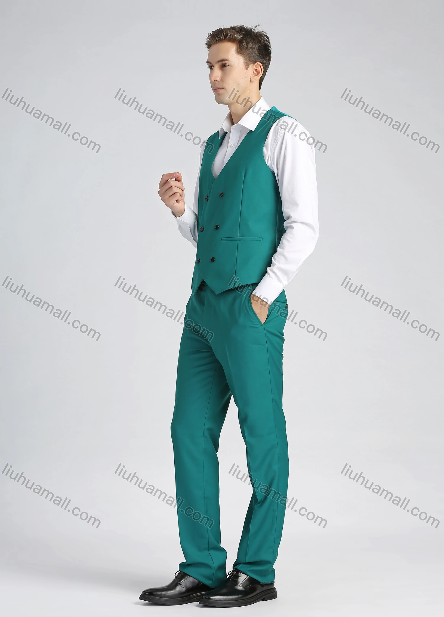 Wholesale Men's Formal Plaid Print Slim Fit Plain Lapel One Button Flag Pockets Suit Jacket & Waistcoat 3-Piece Set - Liuhuamall