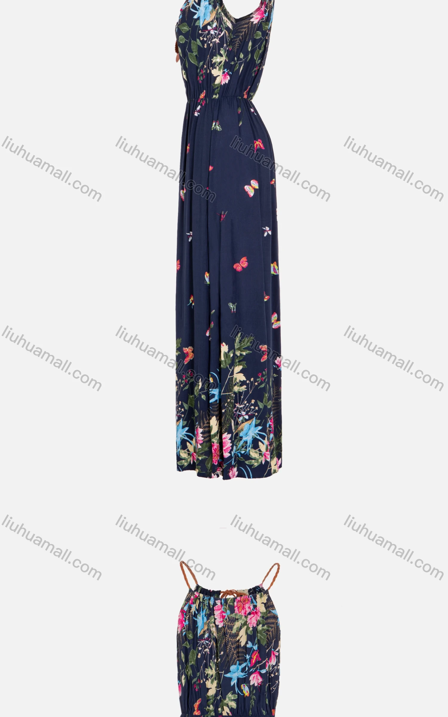 Wholesale Women's Spring Sleeveless Keyhole Neck Floral Butterfly Print Cami Maxi Dress - Liuhuamall