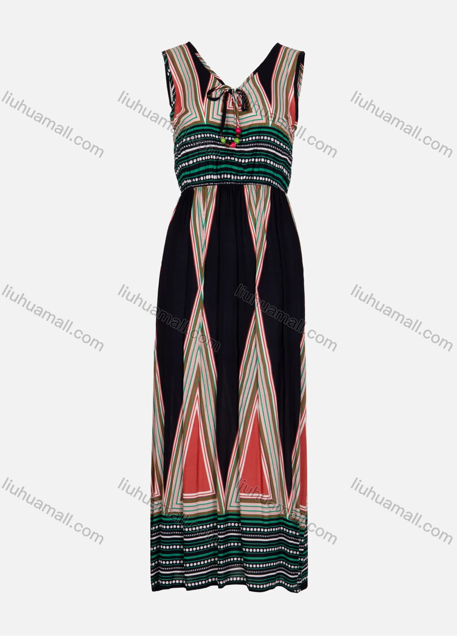 Wholesale Women's Casual Sleeveless V-Neck Vintage Print Maxi Tank Dress - Liuhuamall