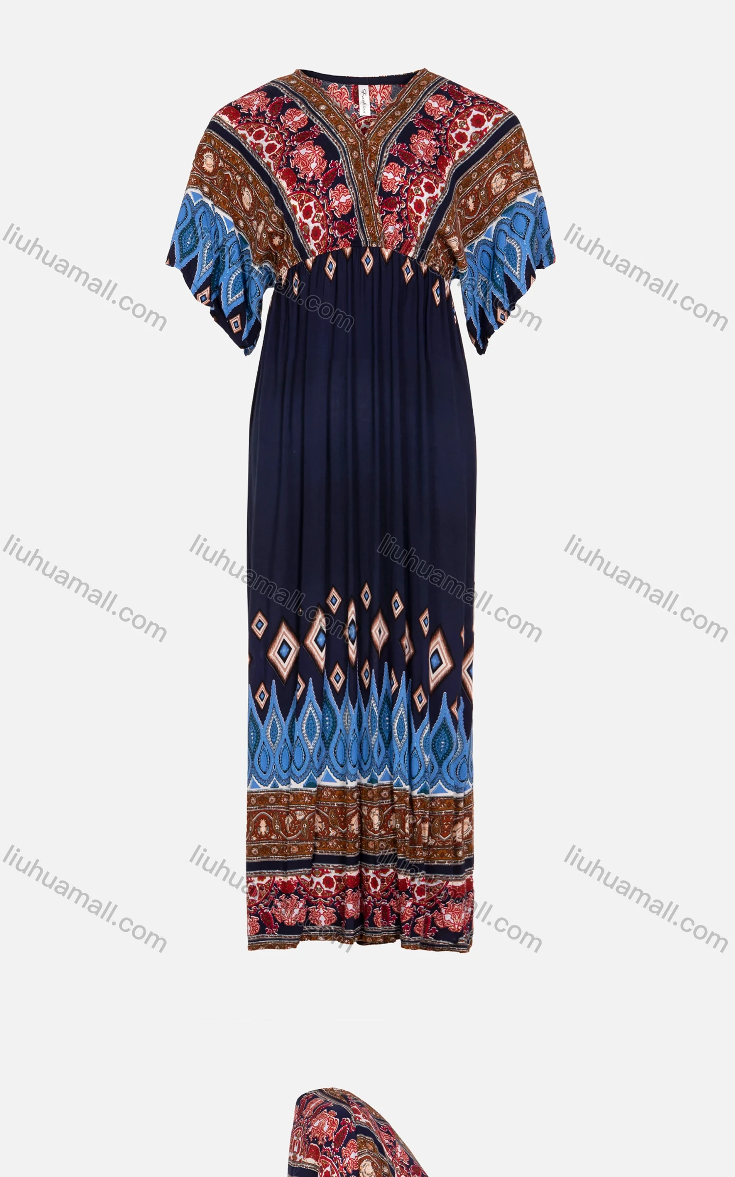 Wholesale Women's Folkloric Short Sleeve V-Neck Vintage Print Maxi Dress - Liuhuamall