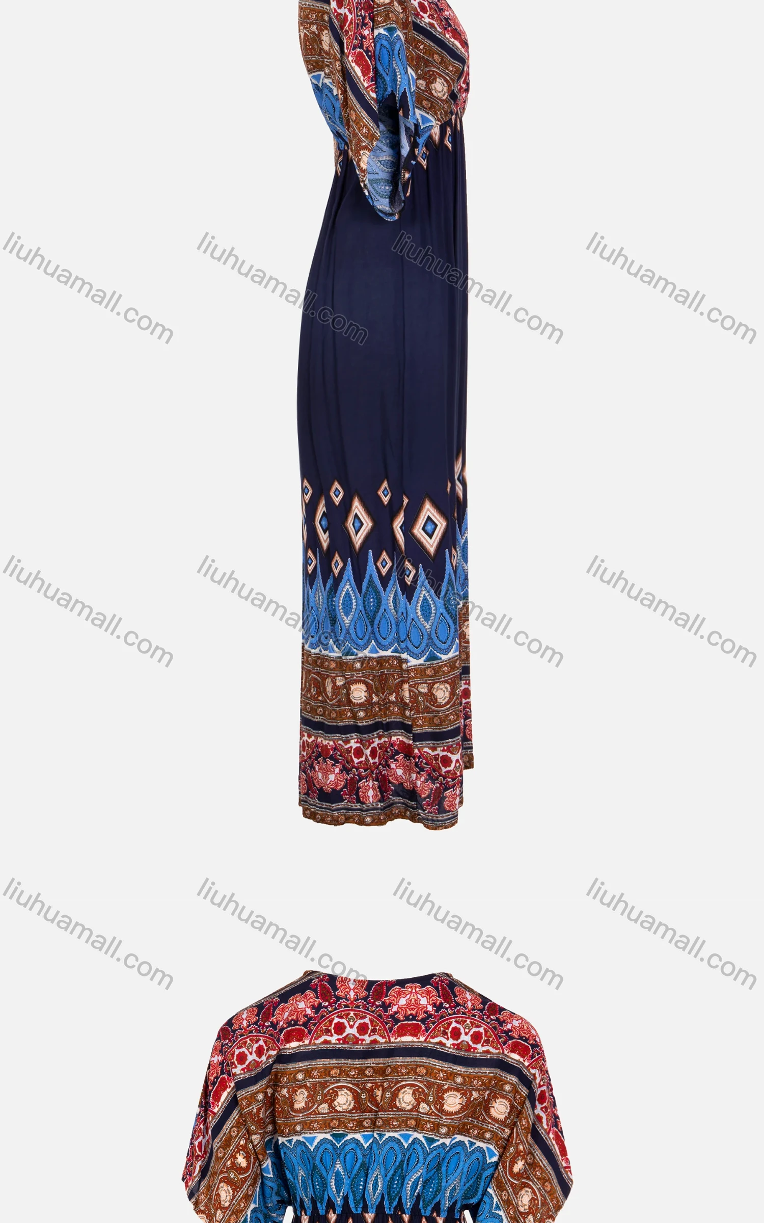 Wholesale Women's Folkloric Short Sleeve V-Neck Vintage Print Maxi Dress - Liuhuamall