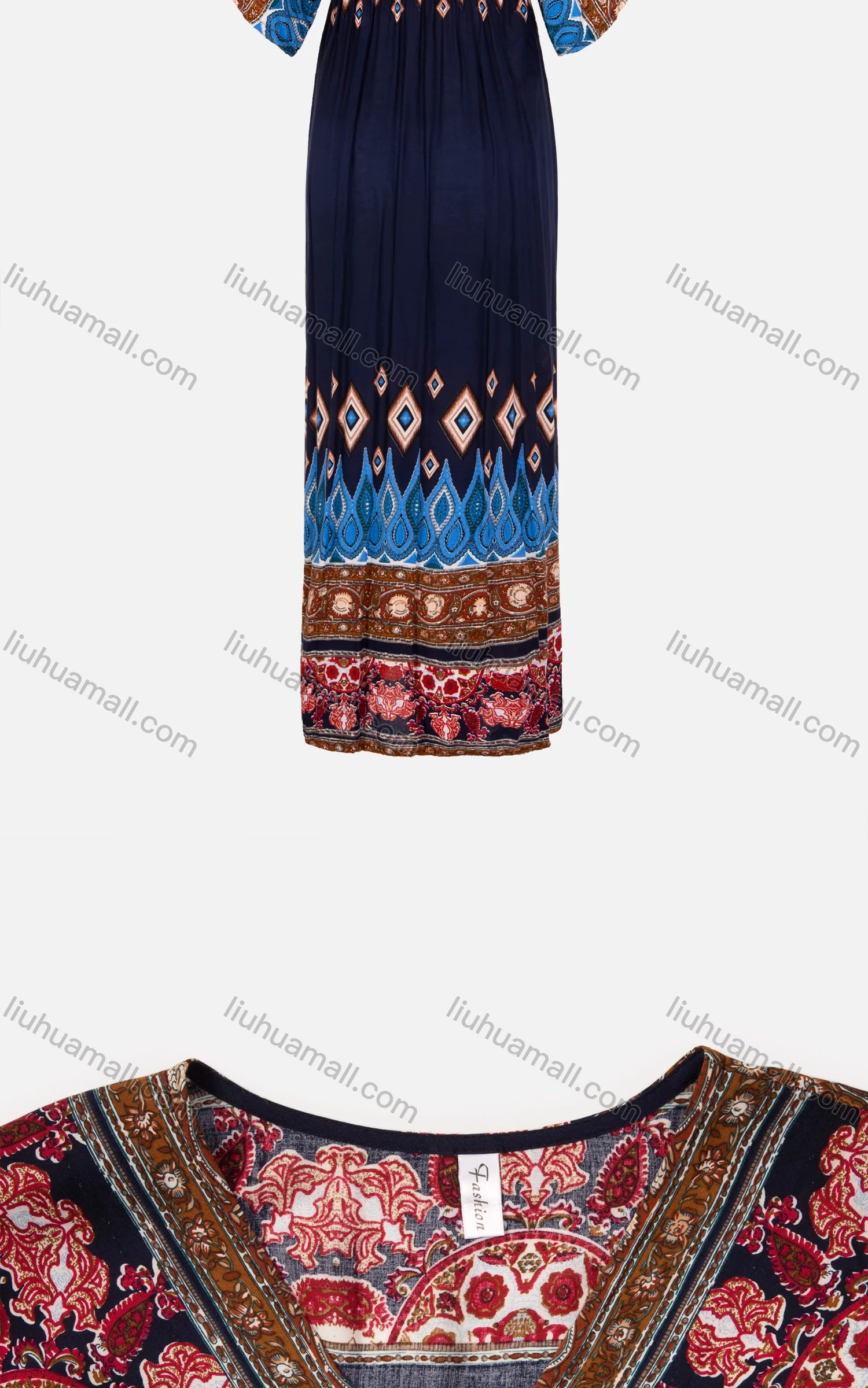 Wholesale Women's Folkloric Short Sleeve V-Neck Vintage Print Maxi Dress - Liuhuamall