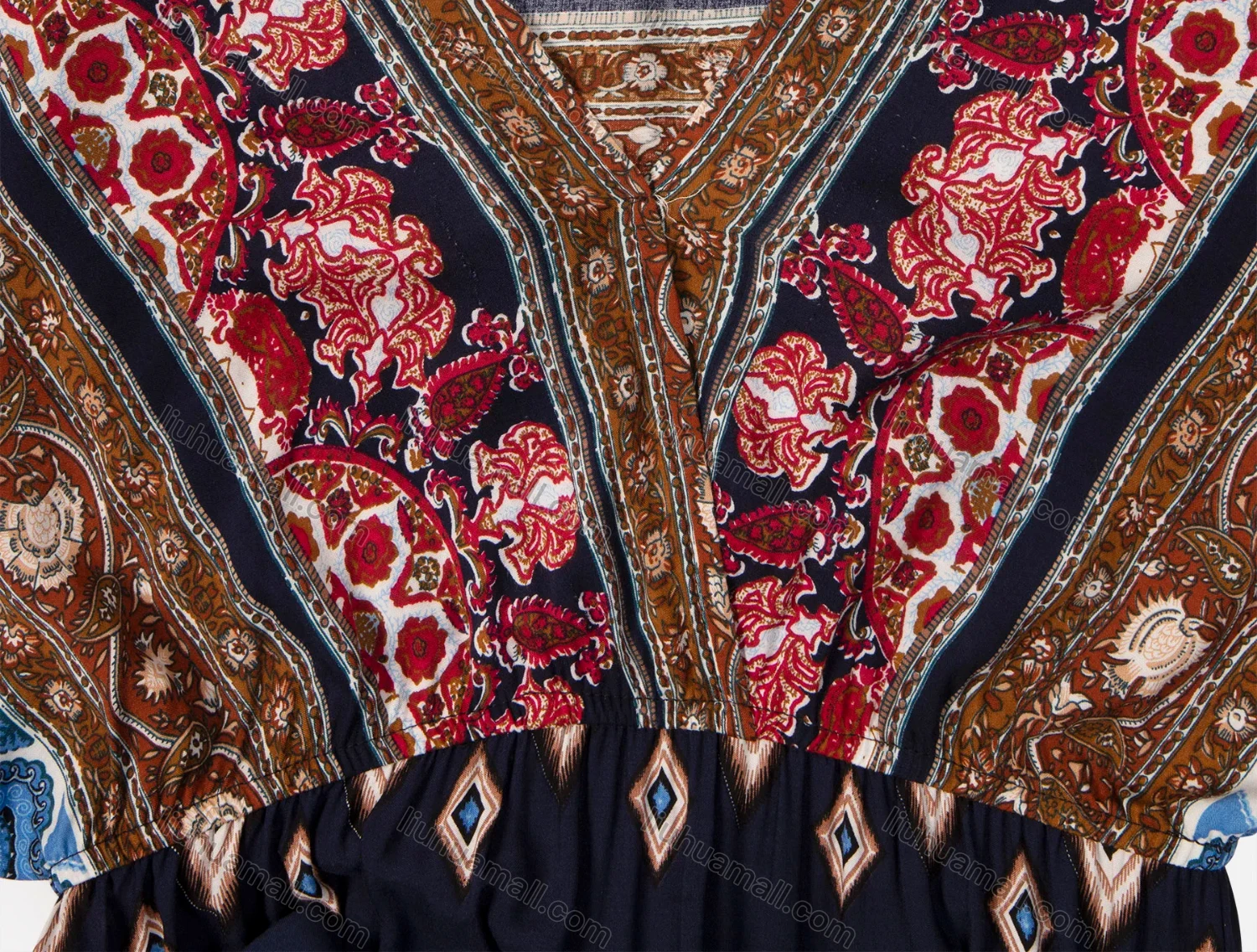 Wholesale Women's Folkloric Short Sleeve V-Neck Vintage Print Maxi Dress - Liuhuamall