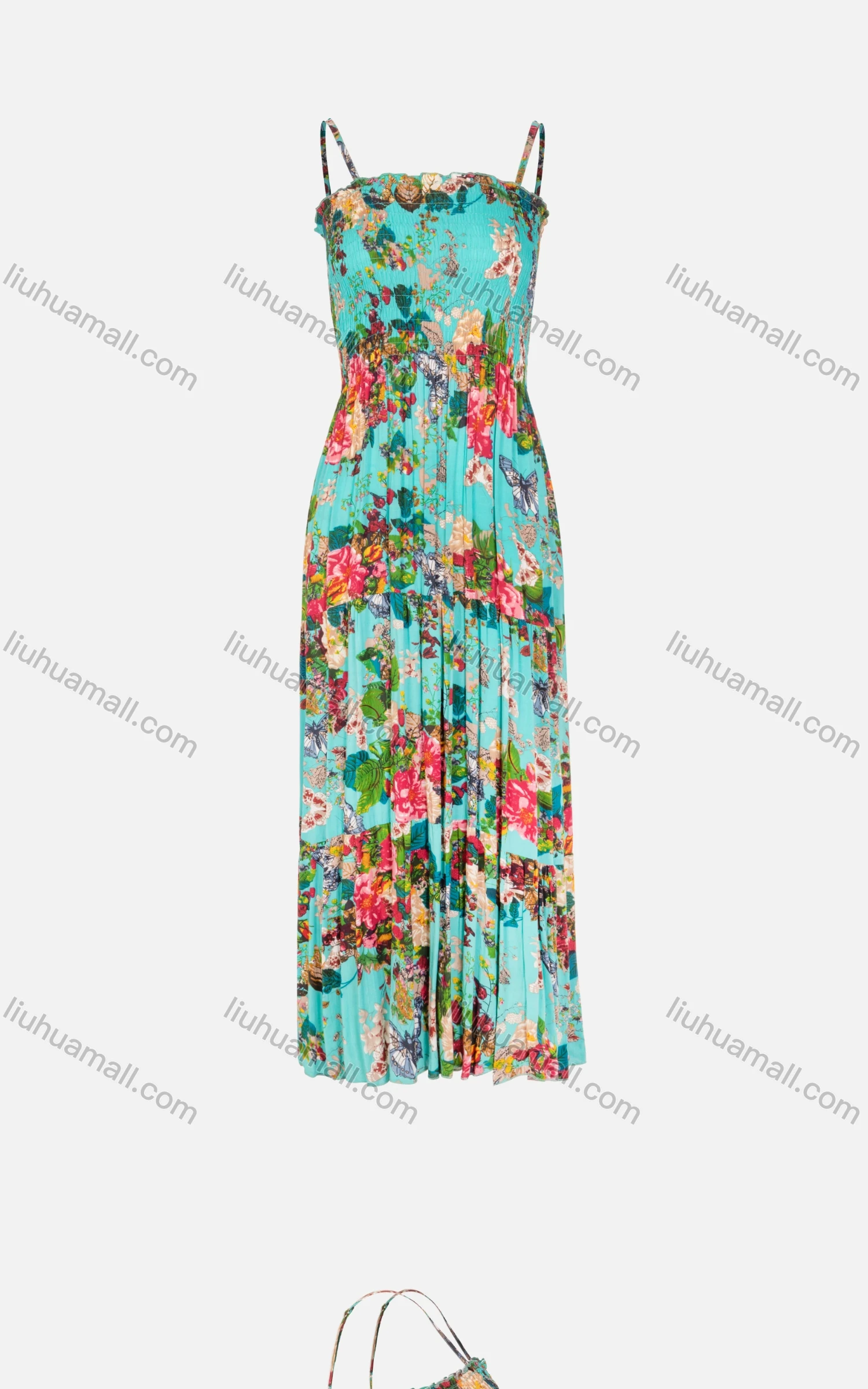Wholesale Women's Spring Spaghetti Strap Sleeveless Floral Print Pleated Maxi Dress - Liuhuamall