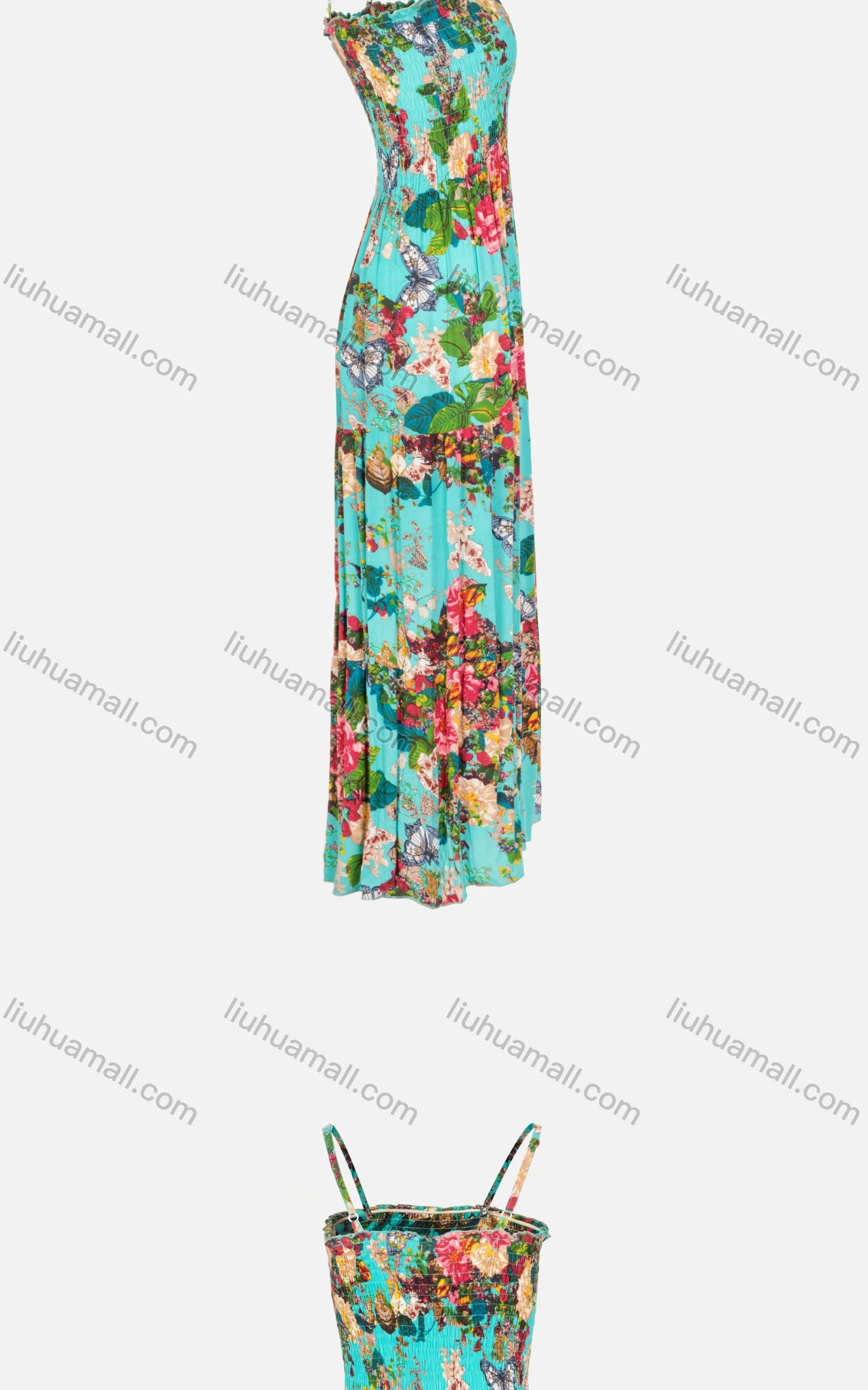 Wholesale Women's Spring Spaghetti Strap Sleeveless Floral Print Pleated Maxi Dress - Liuhuamall