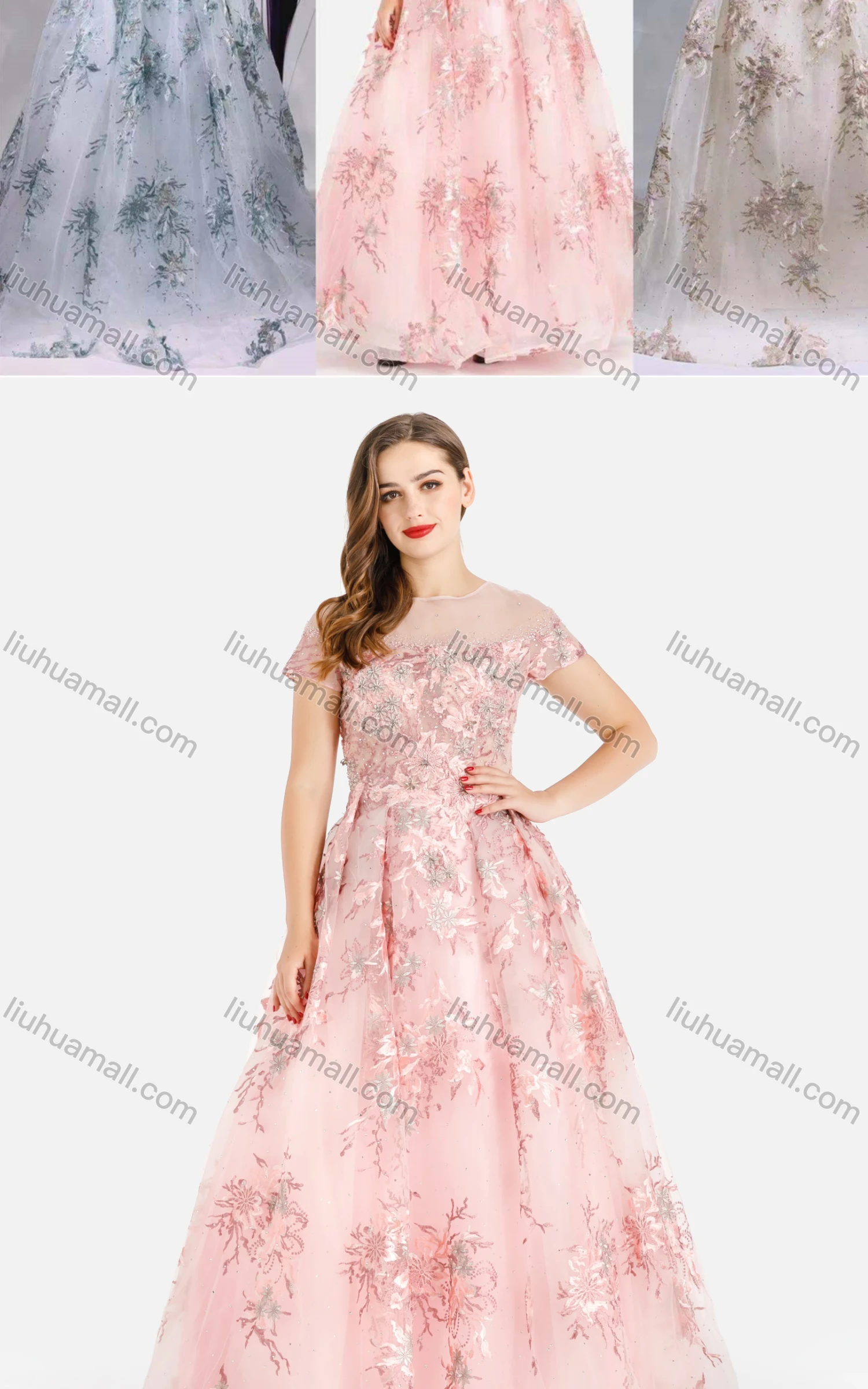 Wholesale Women's Glamorous Crew Neck Appliques Mesh Embroidered Back Zip Evening Dress - Liuhuamall