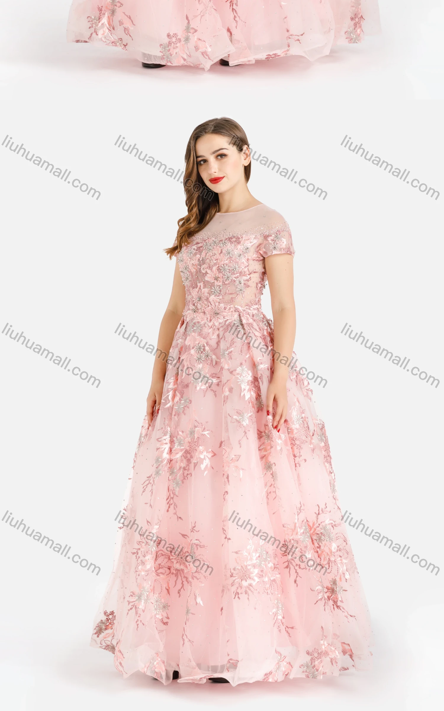 Wholesale Women's Glamorous Crew Neck Appliques Mesh Embroidered Back Zip Evening Dress - Liuhuamall