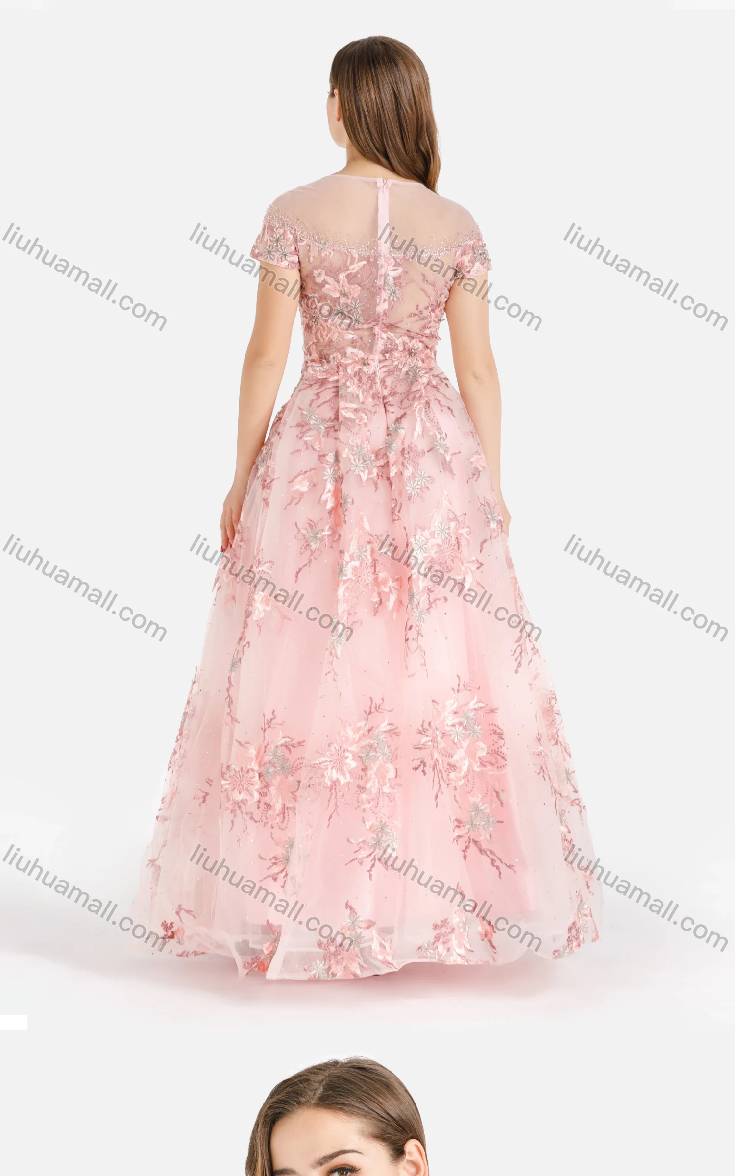 Wholesale Women's Glamorous Crew Neck Appliques Mesh Embroidered Back Zip Evening Dress - Liuhuamall