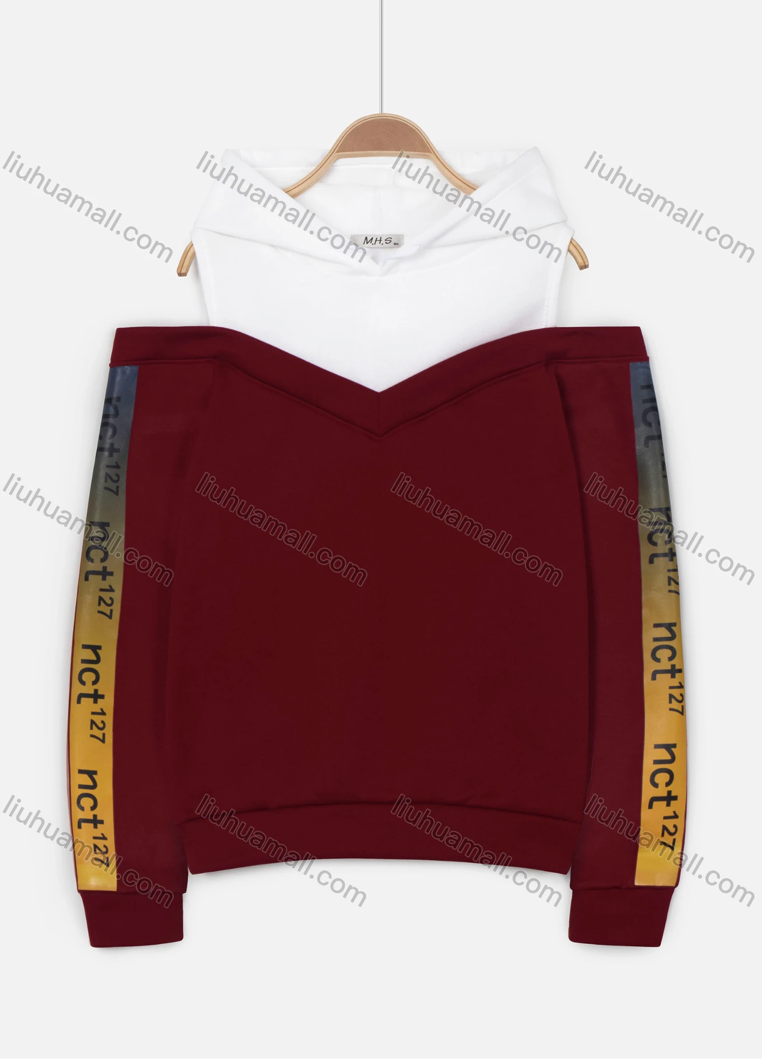 Wholesale Women's Letter Print Cold Shoulder Long Sleeve Drawstring Hoodie - Liuhuamall