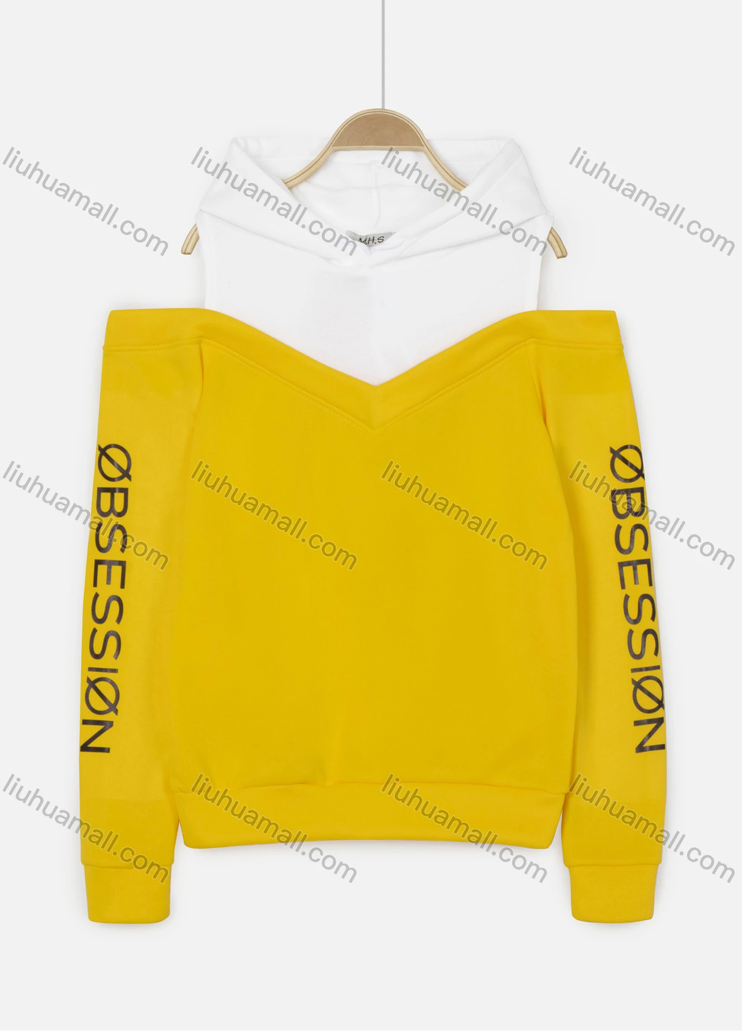 Wholesale Women's Letter Print Cold Shoulder Long Sleeve Drawstring Hoodie - Liuhuamall