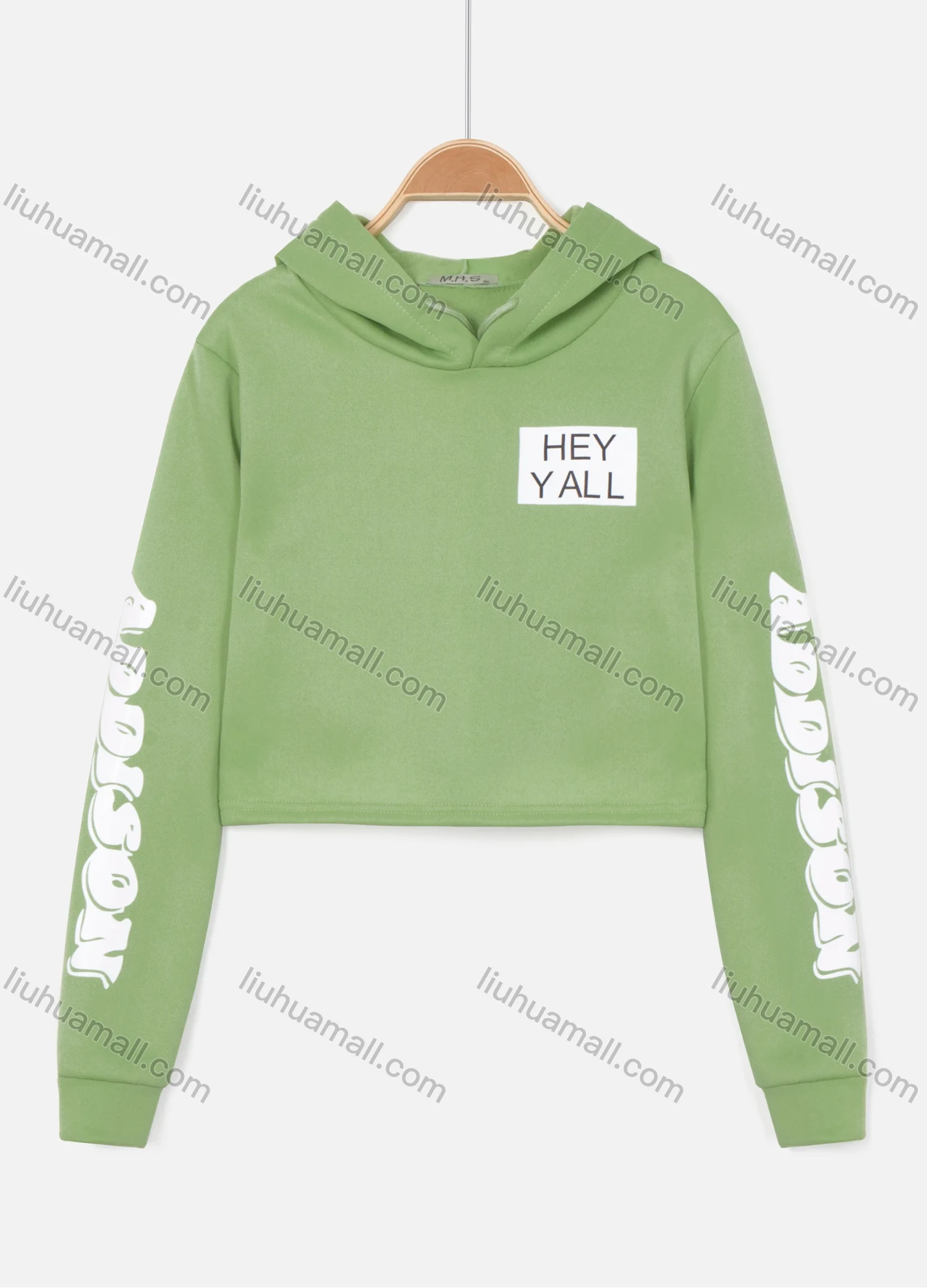 Wholesale Women's Light Green Letter Slogan Graphic Cropped Long Sleeve Drawstring Hoodie - Liuhuamall