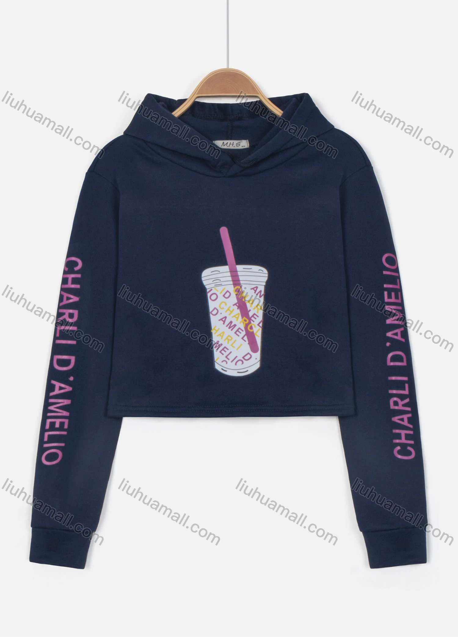 Wholesale Women's Cartoon Pattern & Letter Print Long Sleeve Cropped Drawstring Hoodie - Liuhuamall