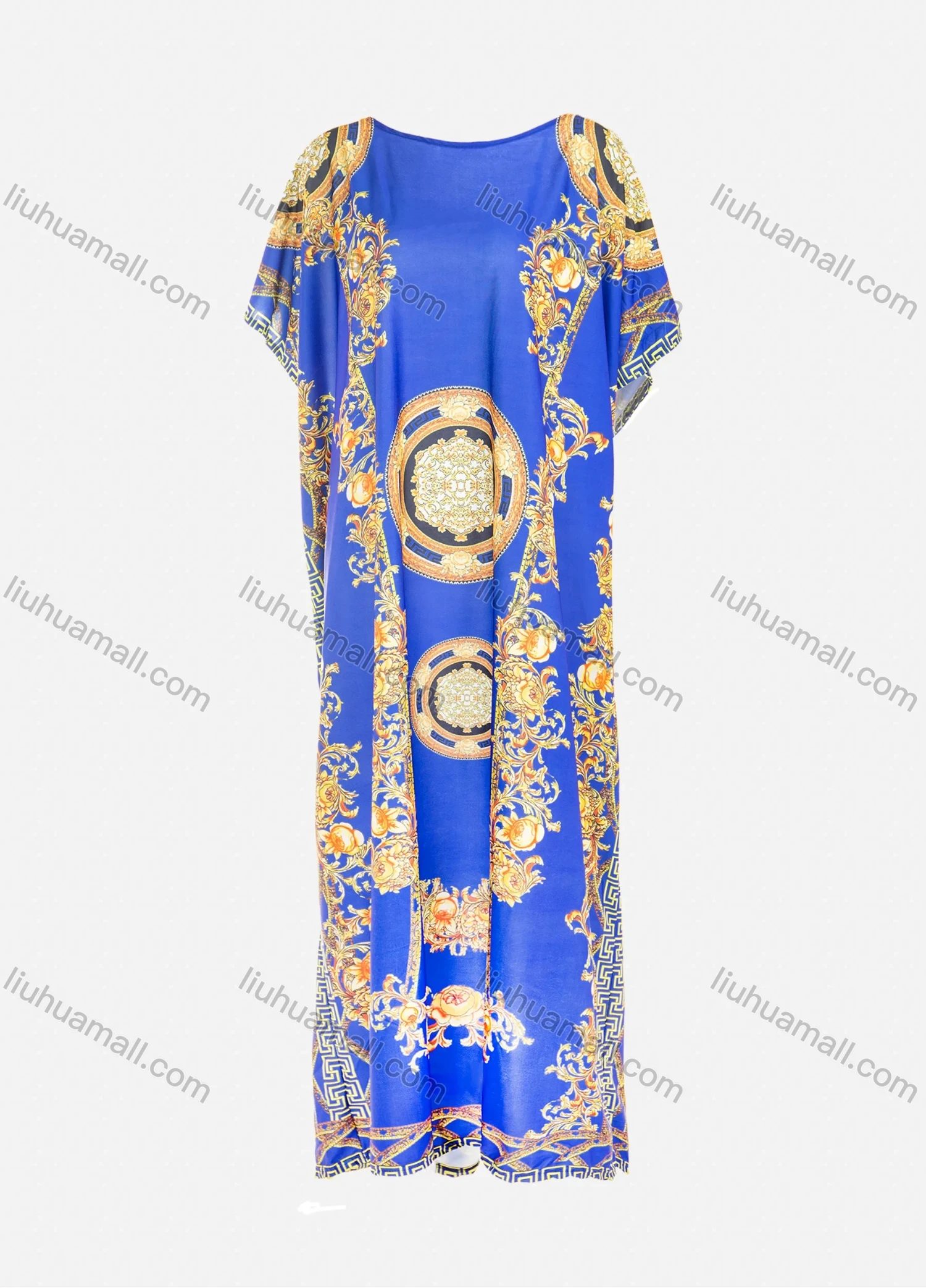 Wholesale Women's African Bat Sleeve Plus Size Robe Round Neck Baroque Print Kaftan Maxi Dress - Liuhuamall
