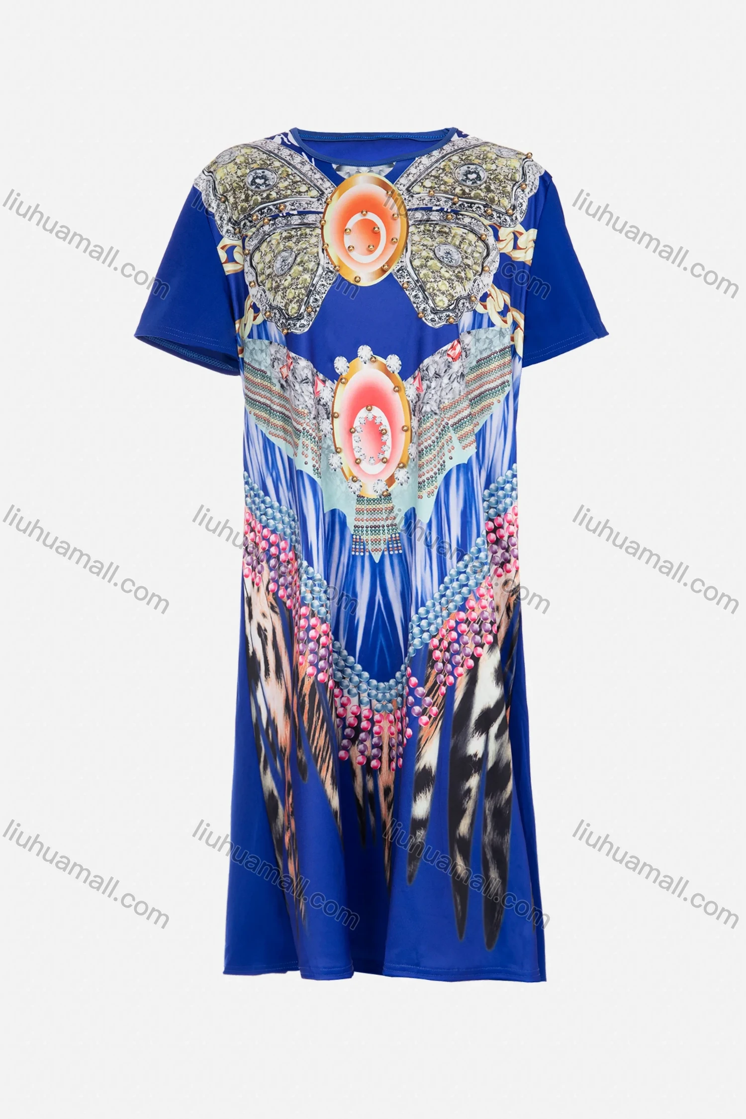 Wholesale Women's African Short Sleeve Round Neck Plss Size Butterfly Vintage Print Pearl Decor Midi T-shirt Dress - Liuhuamall