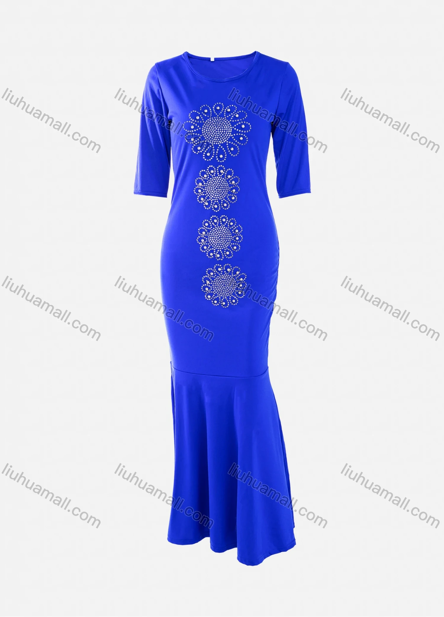 Wholesale Women's African Elegant Plus Size Half Sleeve Round Neck Rhinestone Pearl Decor Maxi Dress - Liuhuamall