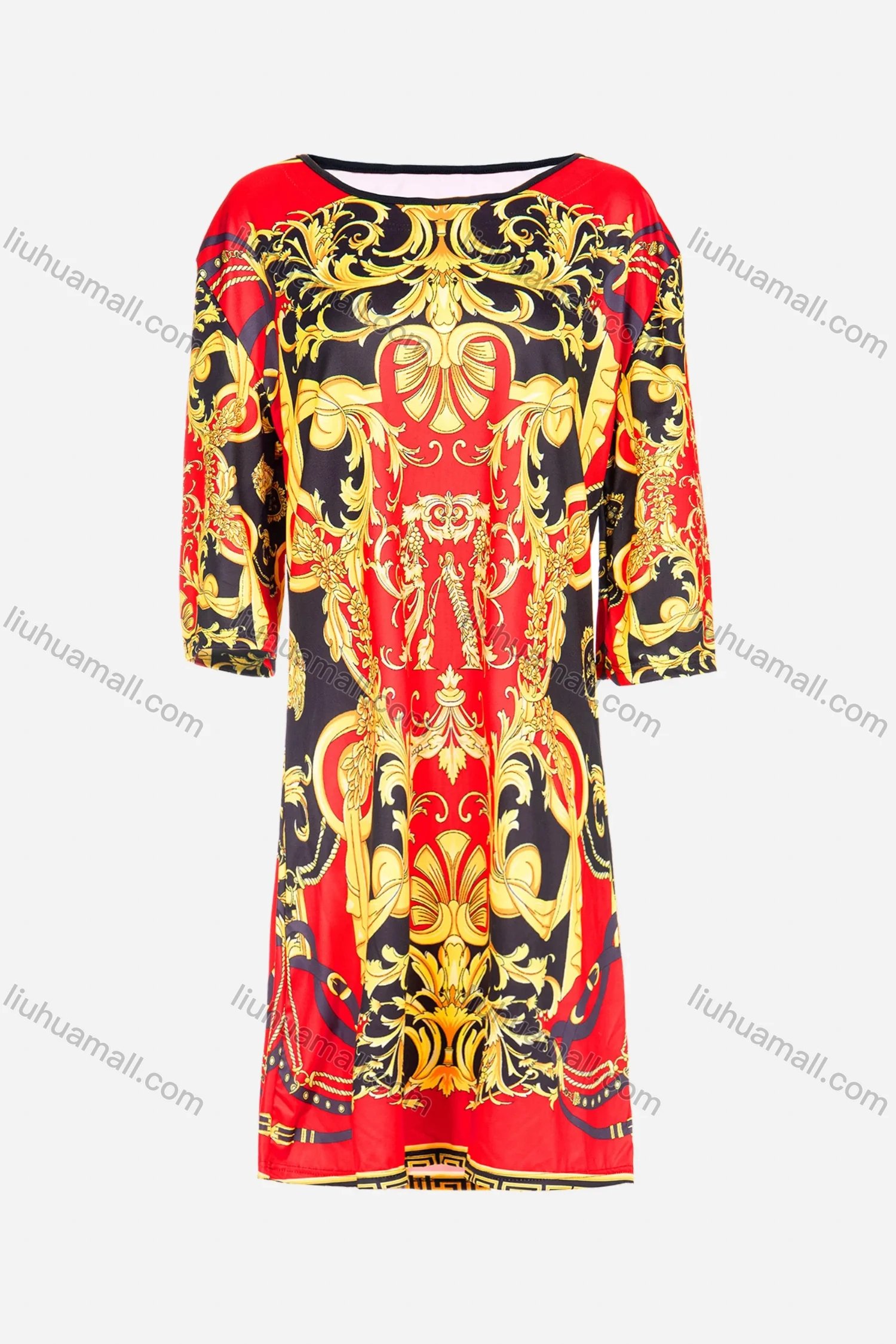 Wholesale Women's African 3/4 Sleeve Boat Neck Plus Size Baroque Print Midi Dress - Liuhuamall