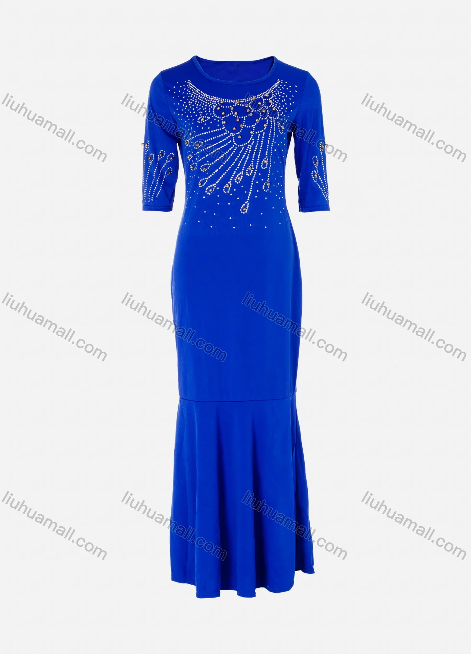 Wholesale Women's African Elegant Plus Size Half Sleeve Round Neck Rhinestone Pearl Decor Maxi Dress - Liuhuamall