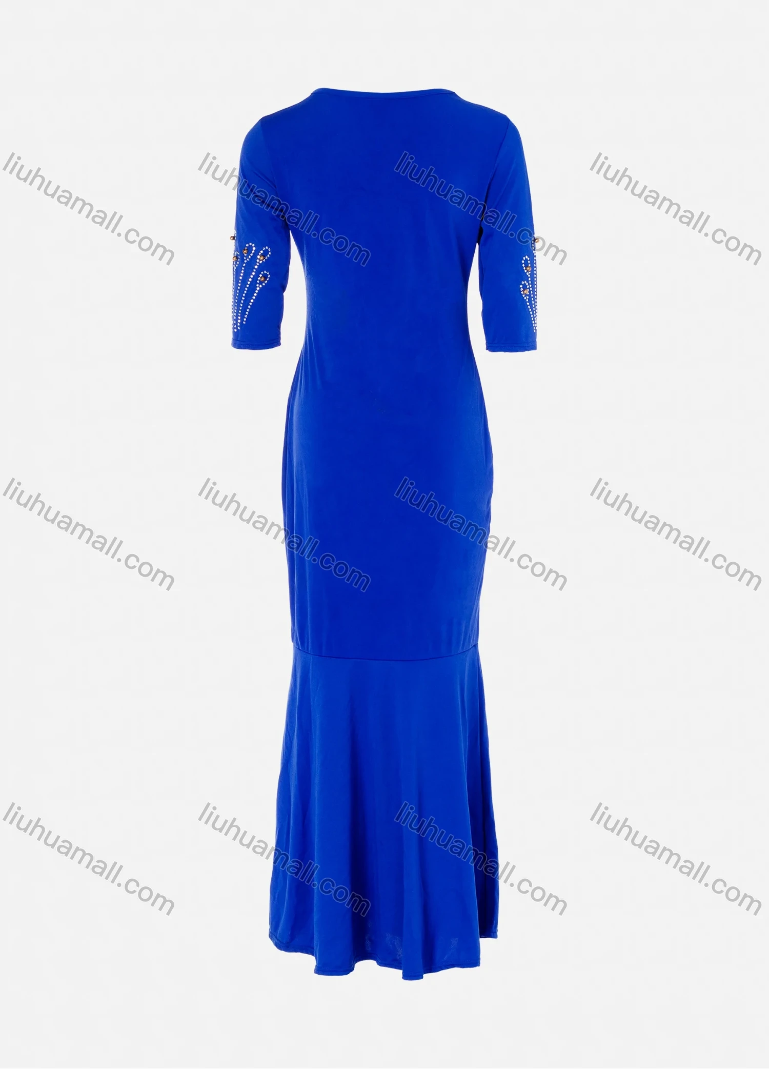 Wholesale Women's African Elegant Plus Size Half Sleeve Round Neck Rhinestone Pearl Decor Maxi Dress - Liuhuamall