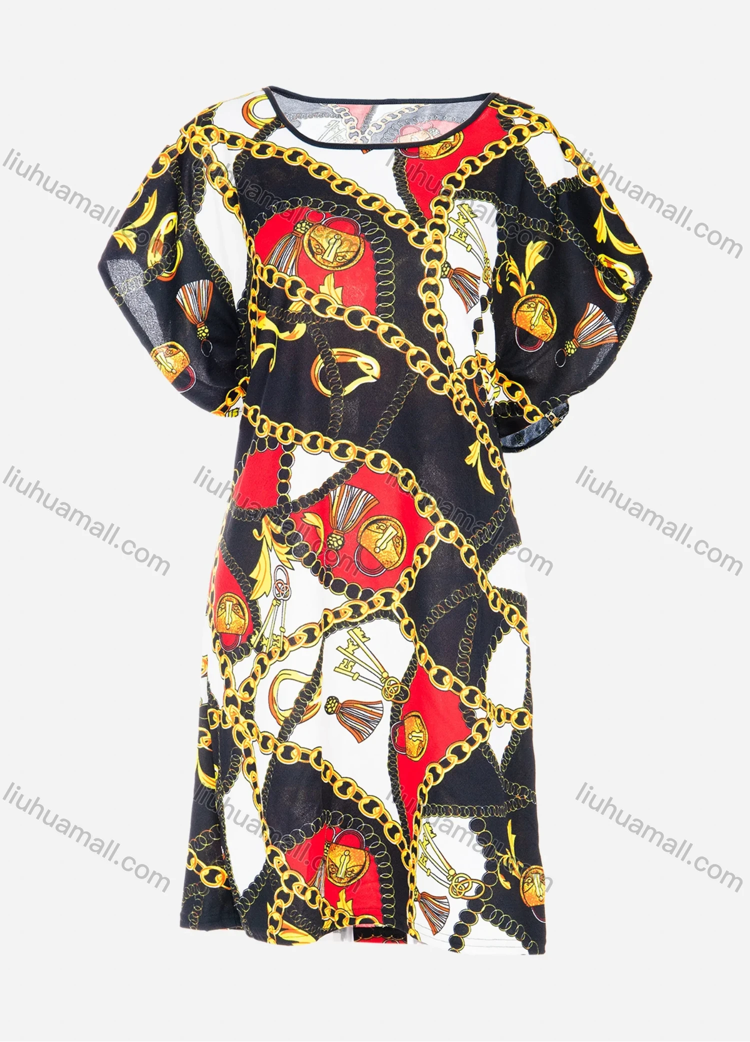 Wholesale Women's African Butterfly Sleeve Plus Size Boat Neck Chain Print Plus Size Midi Dress - Liuhuamall