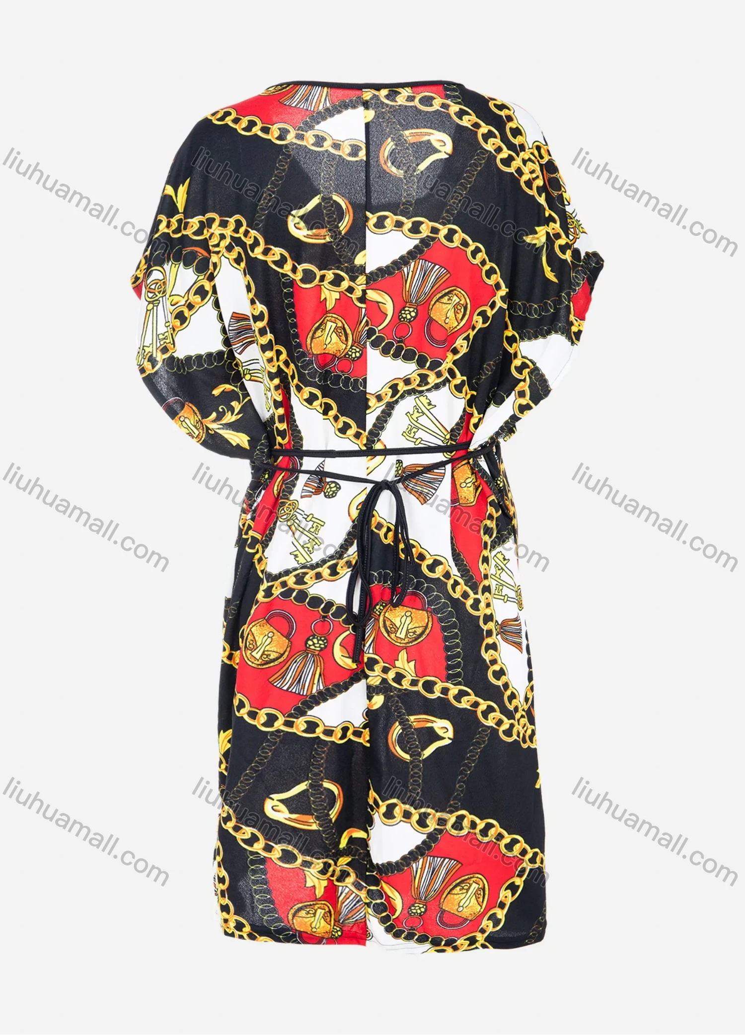 Wholesale Women's African Butterfly Sleeve Plus Size Boat Neck Chain Print Plus Size Midi Dress - Liuhuamall