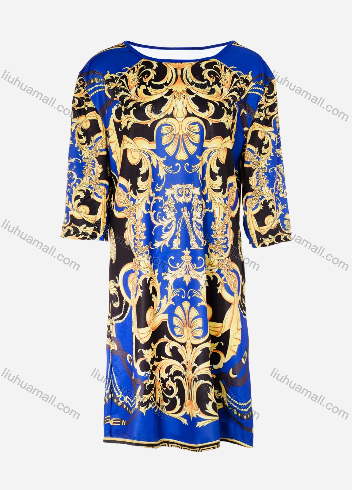 Wholesale Women's African Half Sleeve Boat Neck Baroque Print Plus Size Midi Dress - Liuhuamall